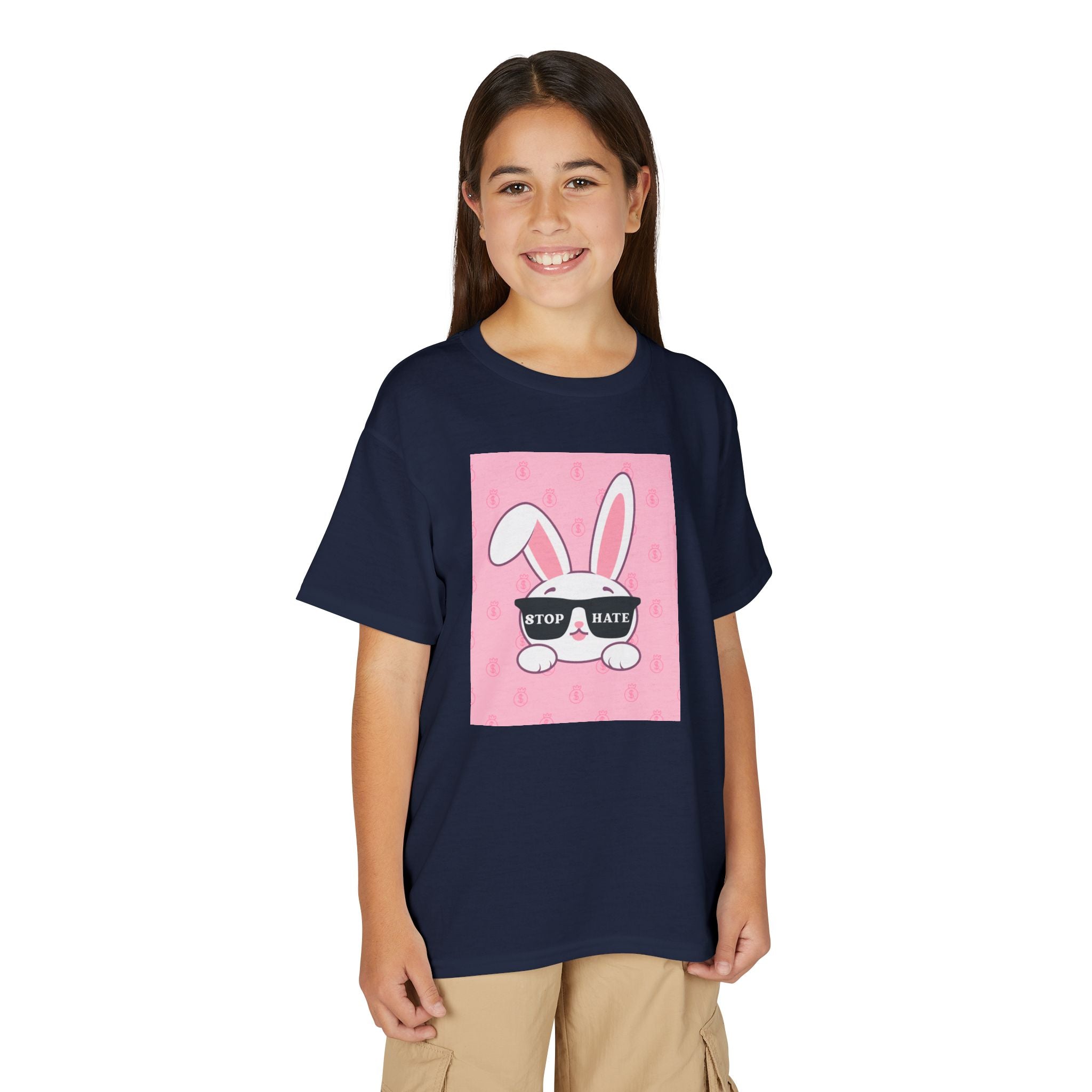 Youth T-Shirt — Pink Bunny Wearing "Stop Hate" Sunglasses Kids Tee