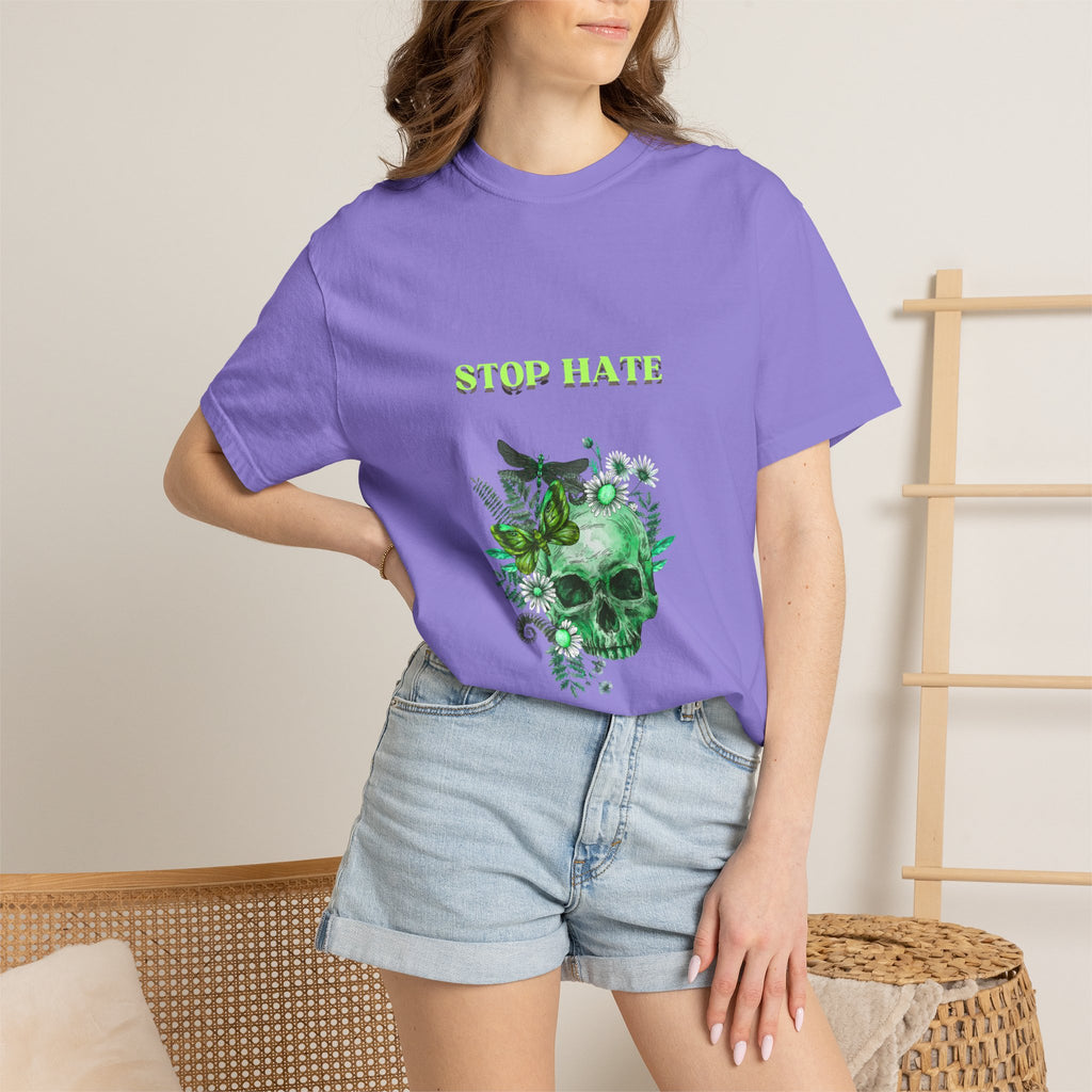 Stop Hate Skull T-Shirt — Green Floral Skull Graphic Tee