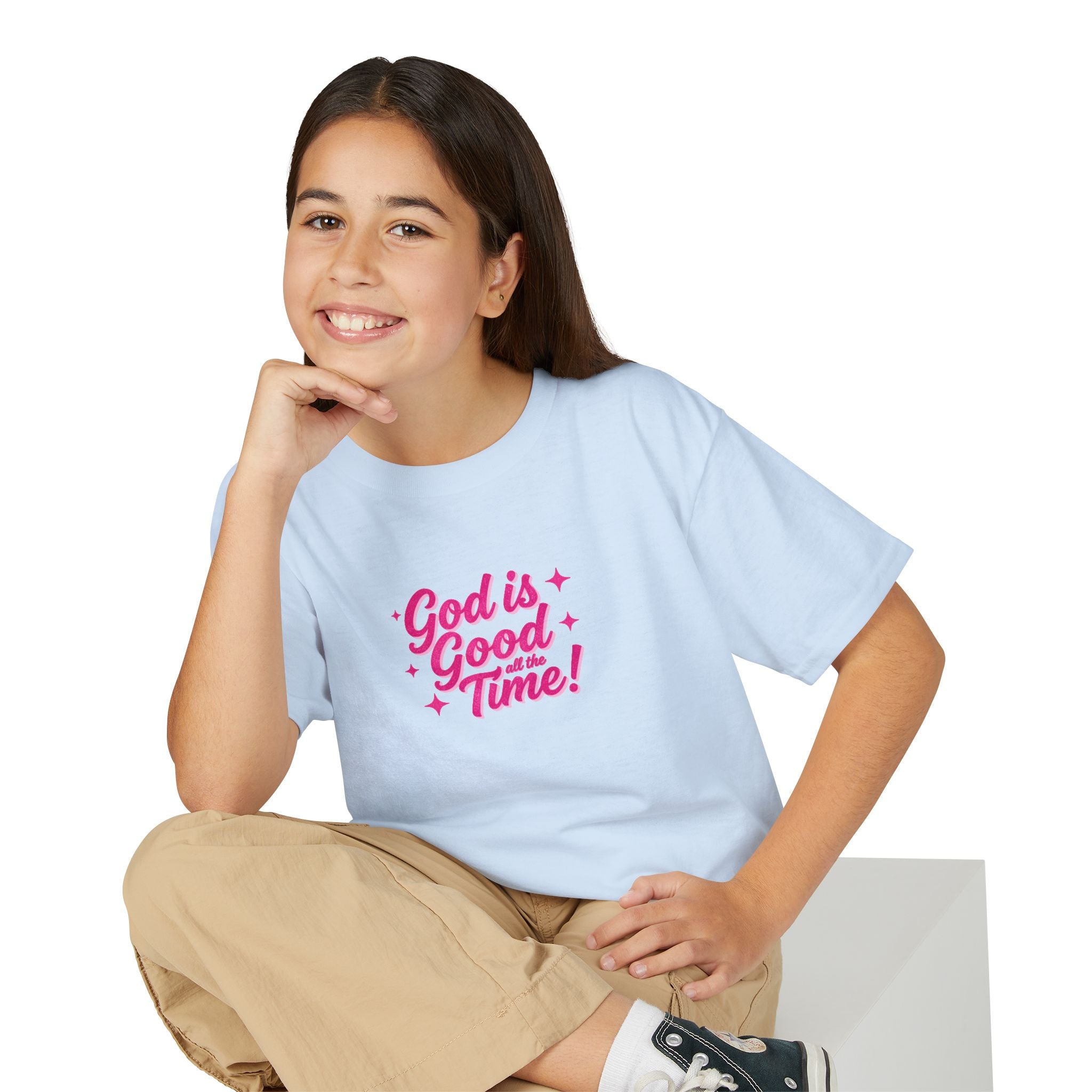 Youth T-Shirt — "God Is Good Time!" Pink Script Faith Tee