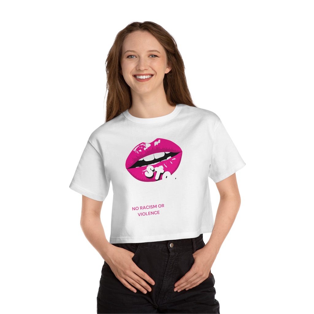 Cropped Graphic Tee — Pink Lips "No Racism or Violence" Statement Shirt