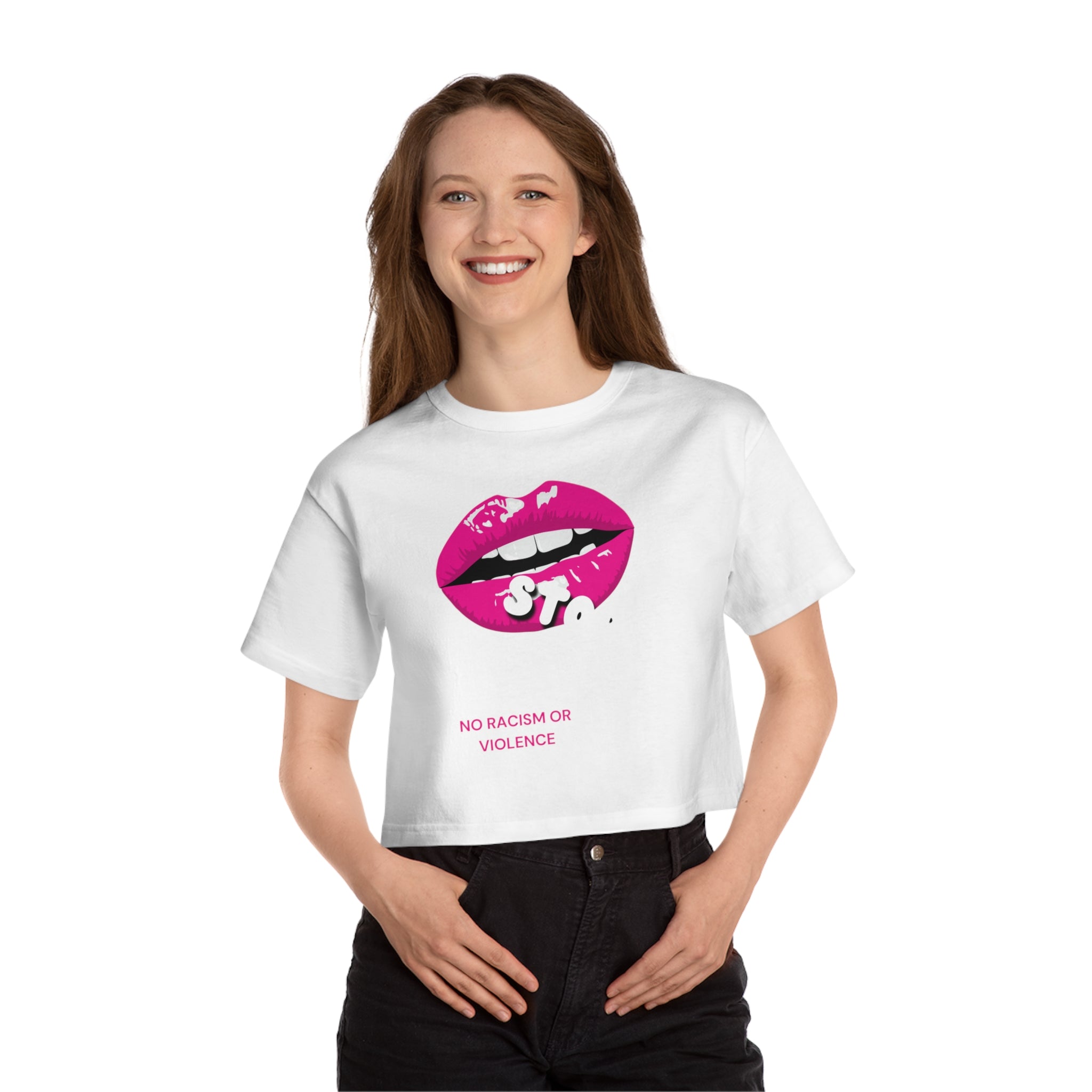 Cropped Graphic Tee — Pink Lips "No Racism or Violence" Statement Shirt