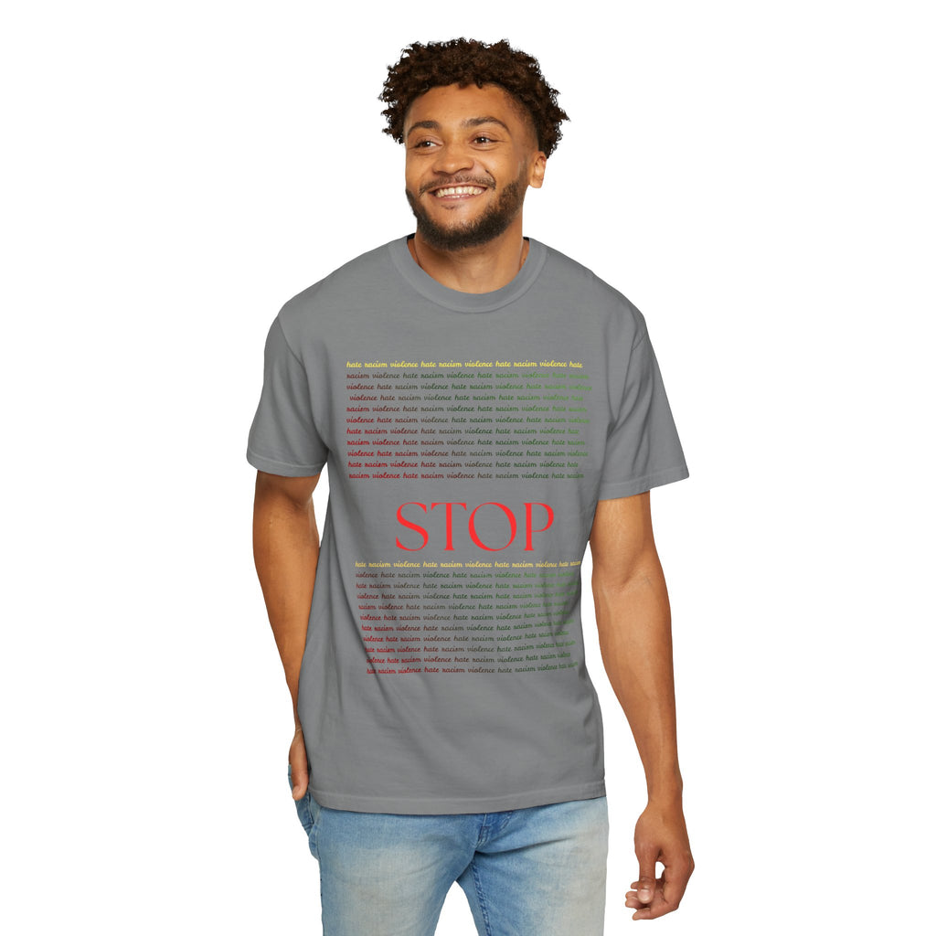 Stop Screen Tee — Black Graphic T-Shirt with Bold RED “STOP” Message