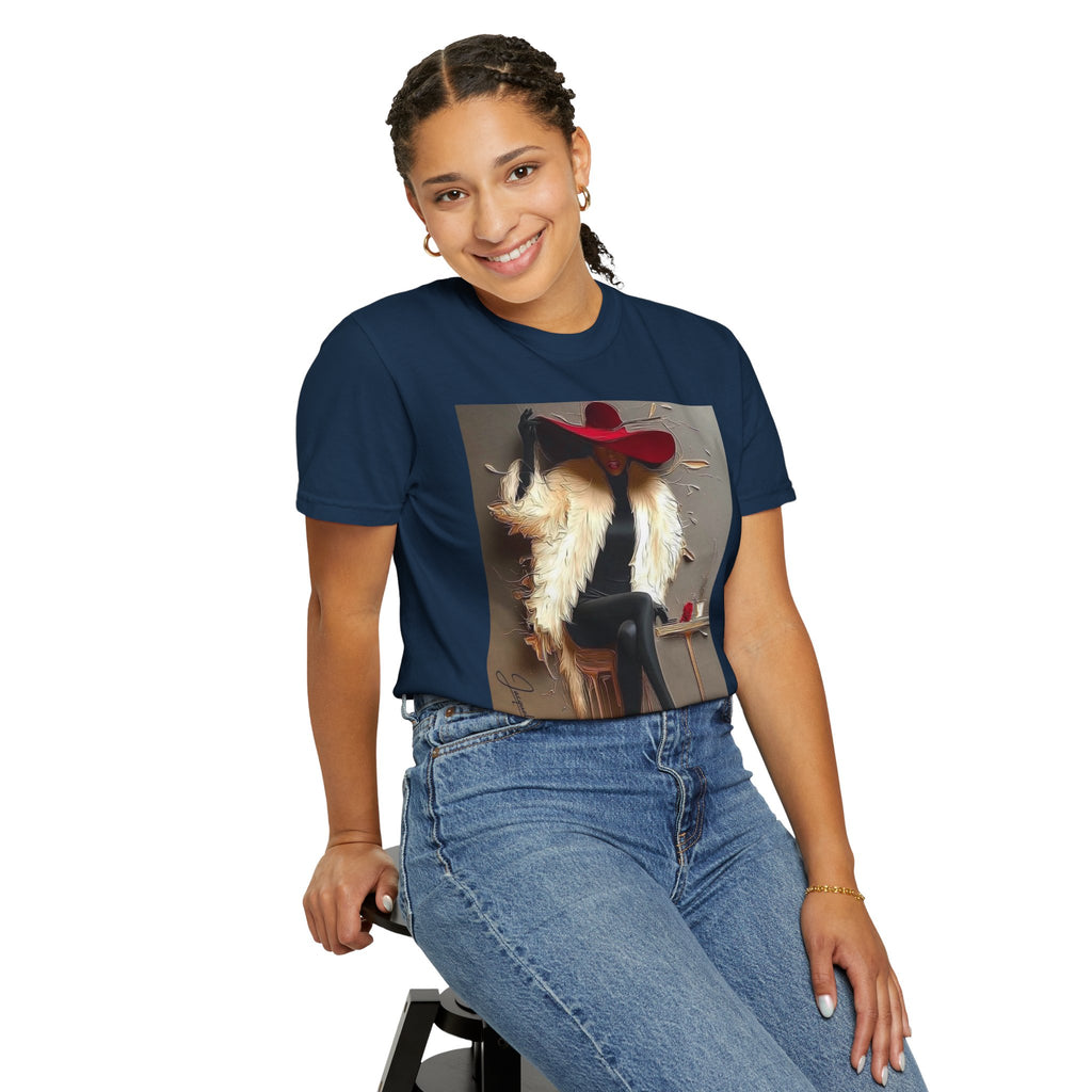 Vintage Glam Femme T-Shirt — Red Hat, Fur & Stiletto Art Tee