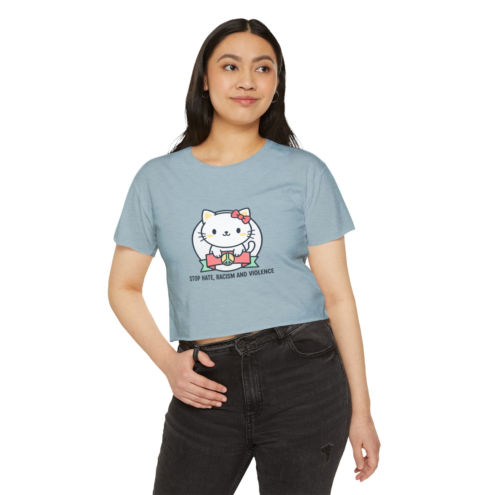Cute Cat Crop Top — "Stop Hate, Racism and Violence" Festival Tee