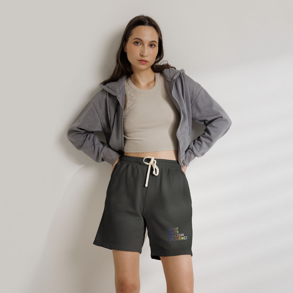 Stop Hate Shorts — Lightweight Fleece Sweat Shorts with "Stop Hate Racism and Violence" Print