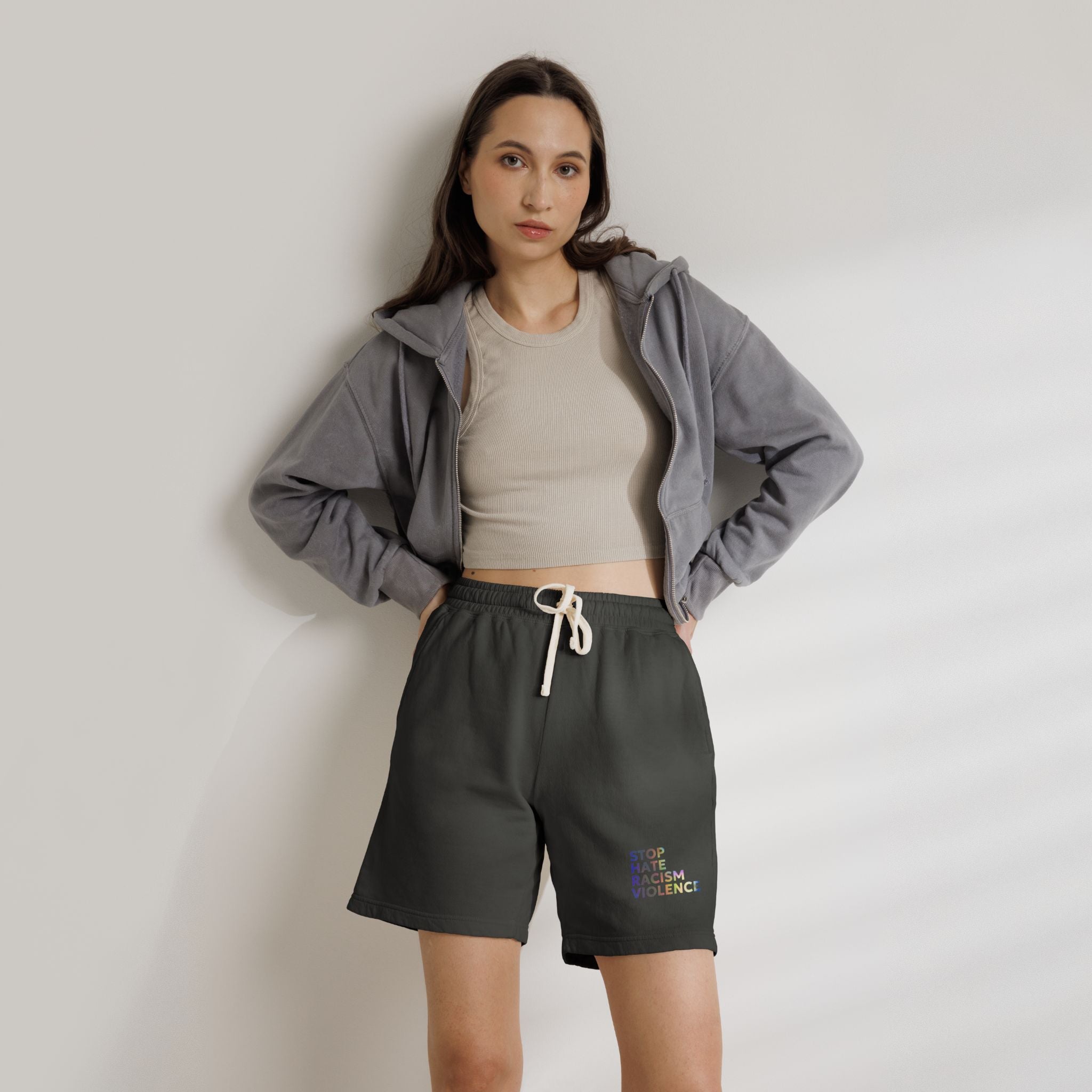 Stop Hate Shorts — Lightweight Fleece Sweat Shorts with "Stop Hate Racism and Violence" Print