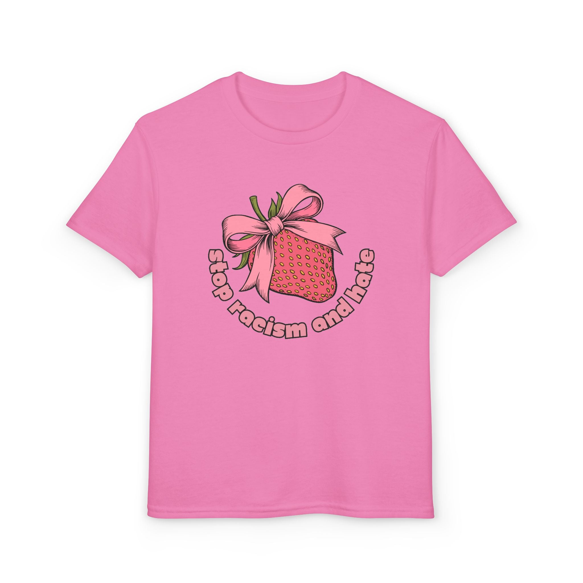 Youth T-Shirt — Cute Pink Gift Box Graphic with "Stop, Realism and Races" Slogan