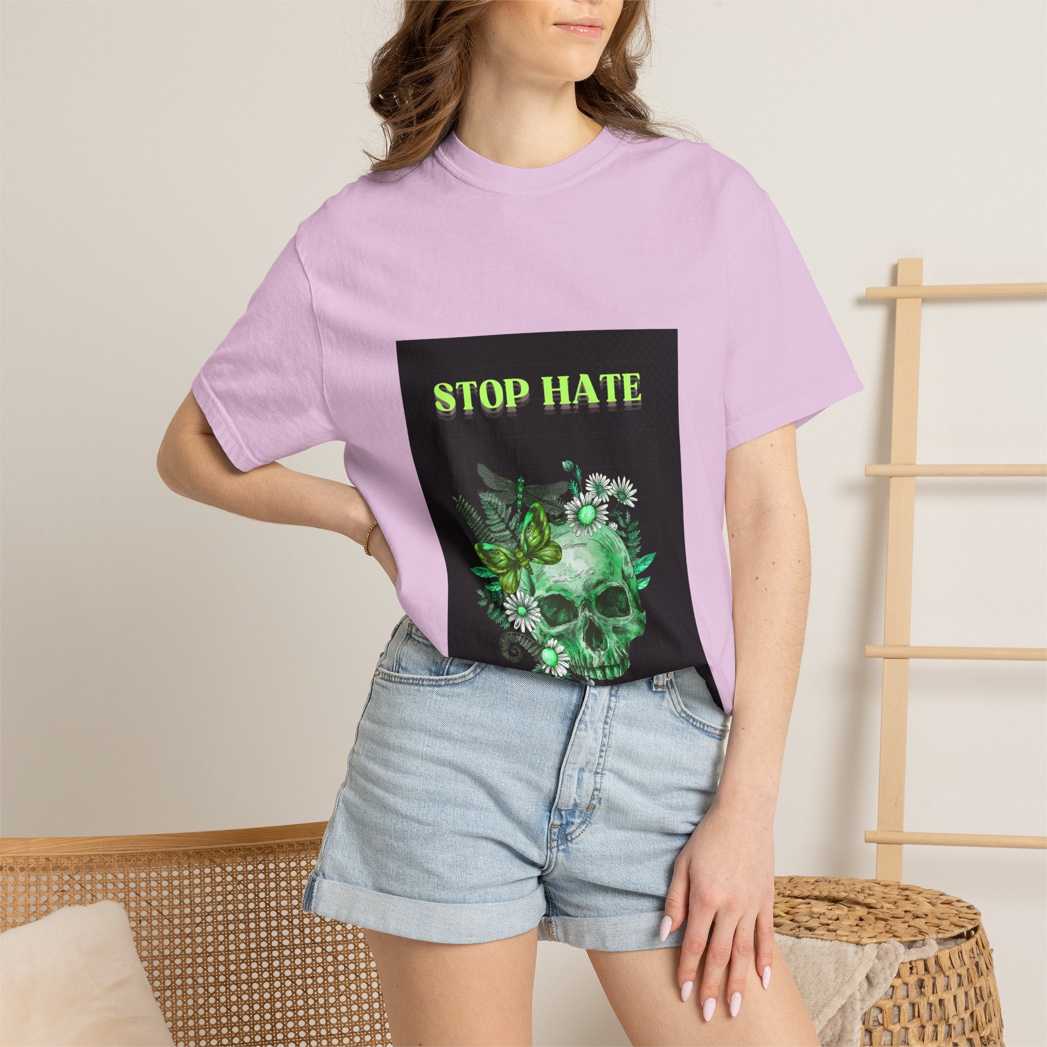 Stop Hate Skull T-Shirt — Green Floral Skull Graphic Tee