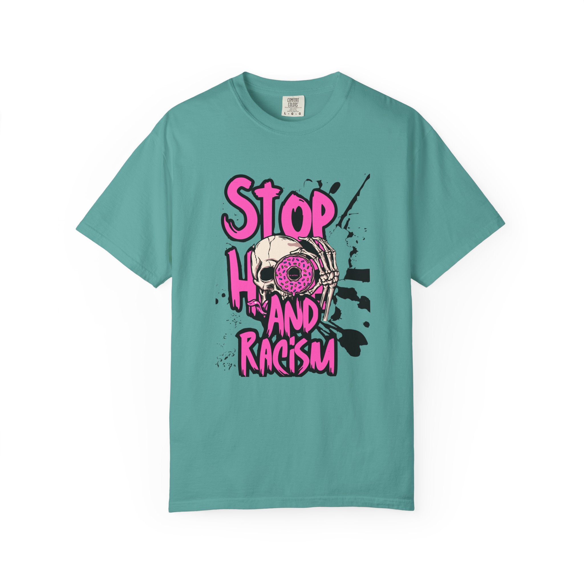 Stop H8 and Racism Graphic Tee — Anti-Racism Skull Donut Protest T-Shirt