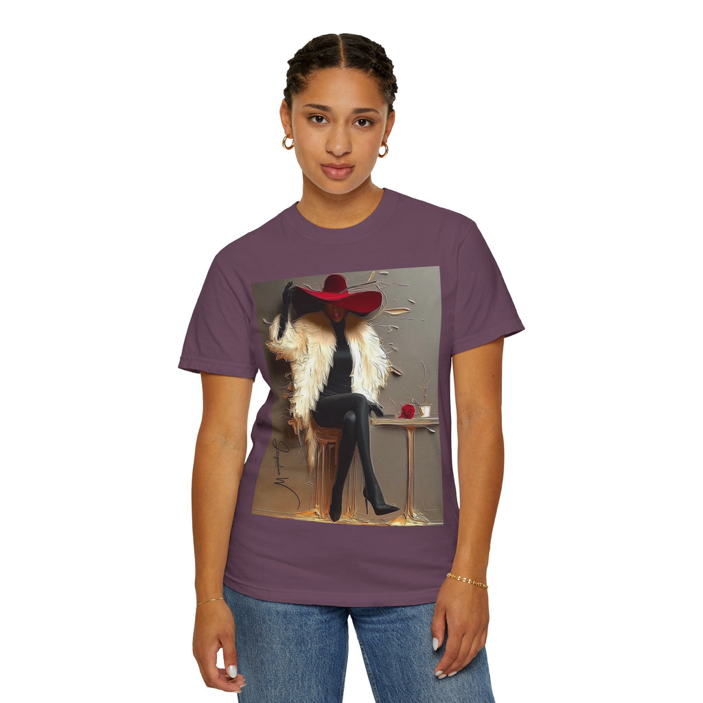 Vintage Glam Femme T-Shirt — Red Hat, Fur & Stiletto Art Tee