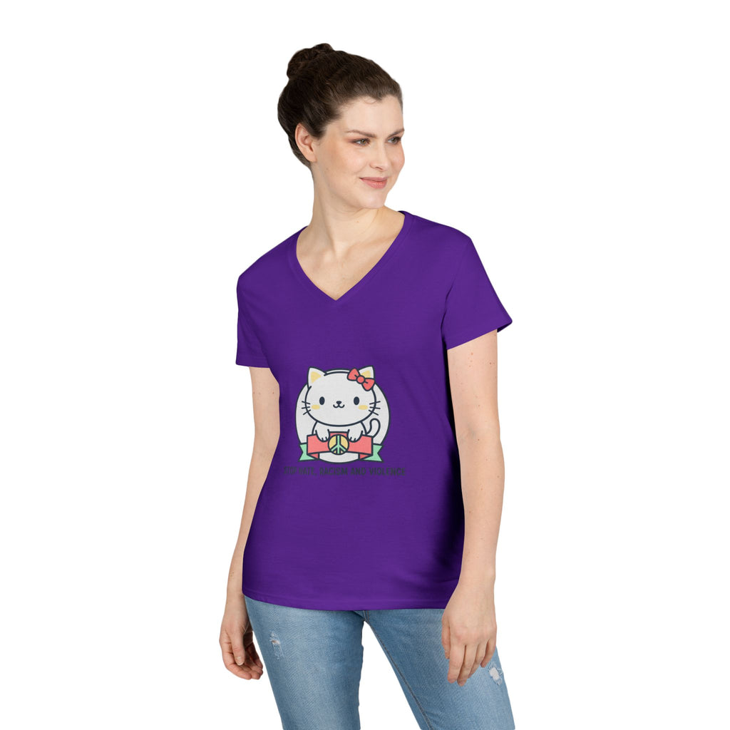 Stop Hate Kitty V-Neck Tee — Cute Anti-Racism Message Shirt