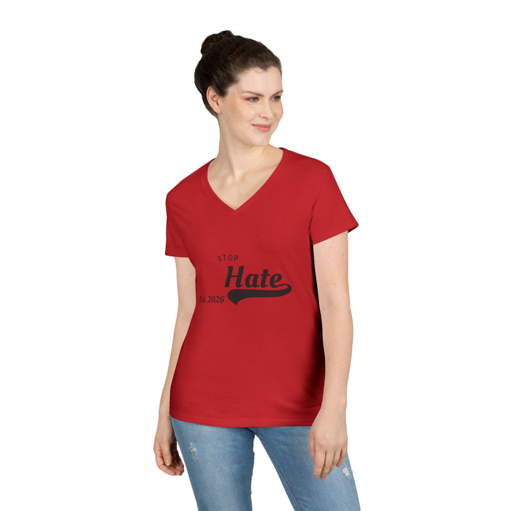 Ladies' V-Neck T-Shirt — "Stop Hate Est. 2026" Anti-Hate Message Tee