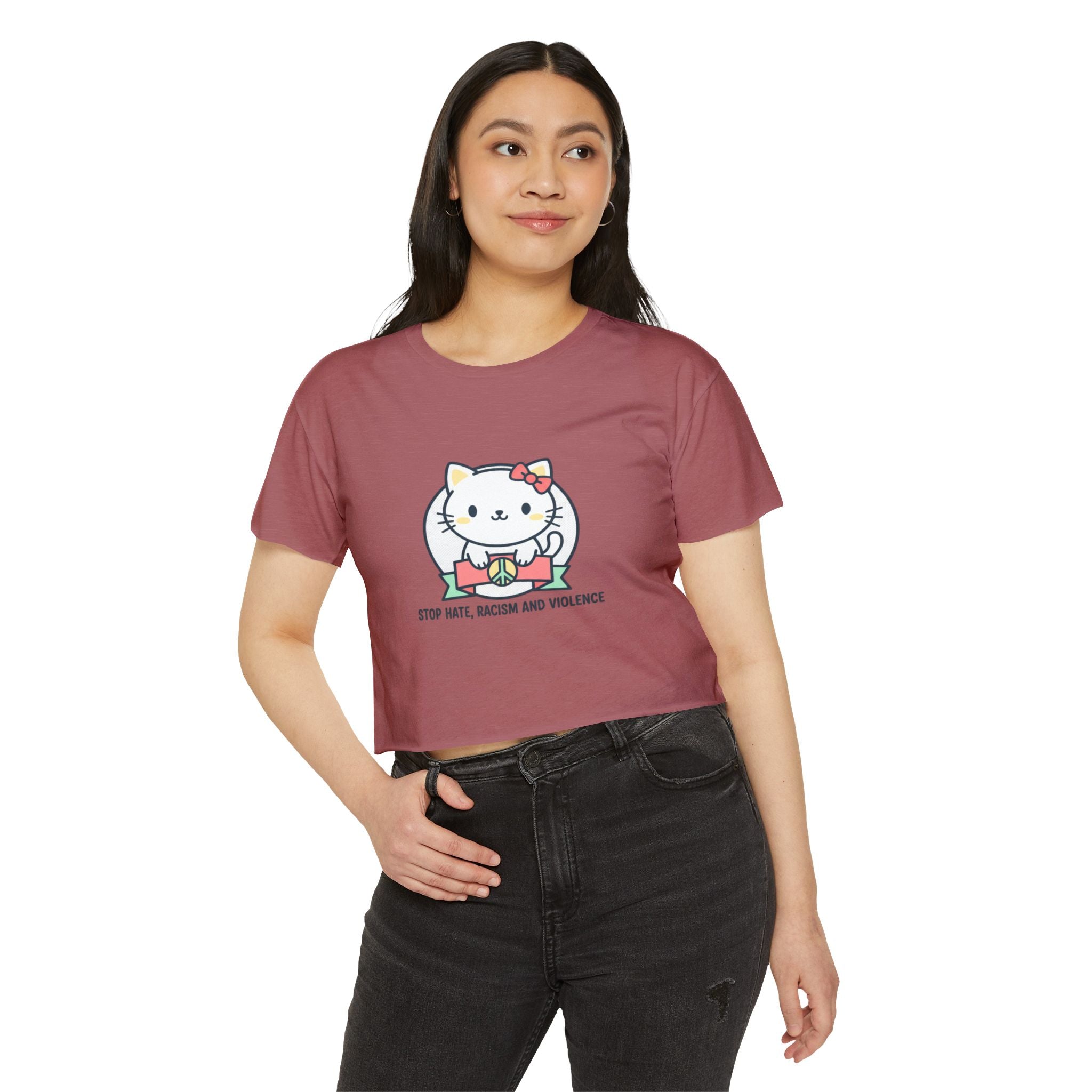 Cute Cat Crop Top — "Stop Hate, Racism and Violence" Festival Tee