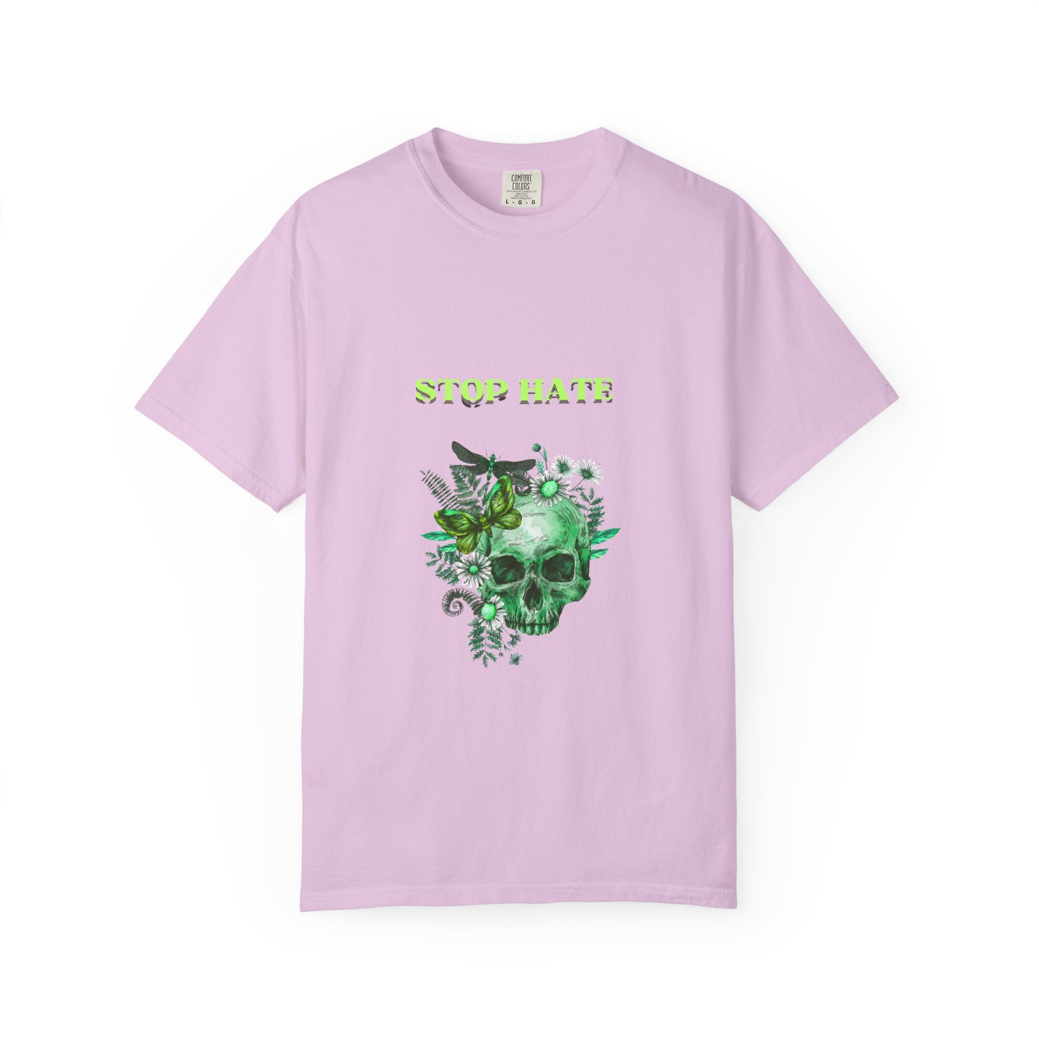 Stop Hate Skull T-Shirt — Green Floral Skull Graphic Tee