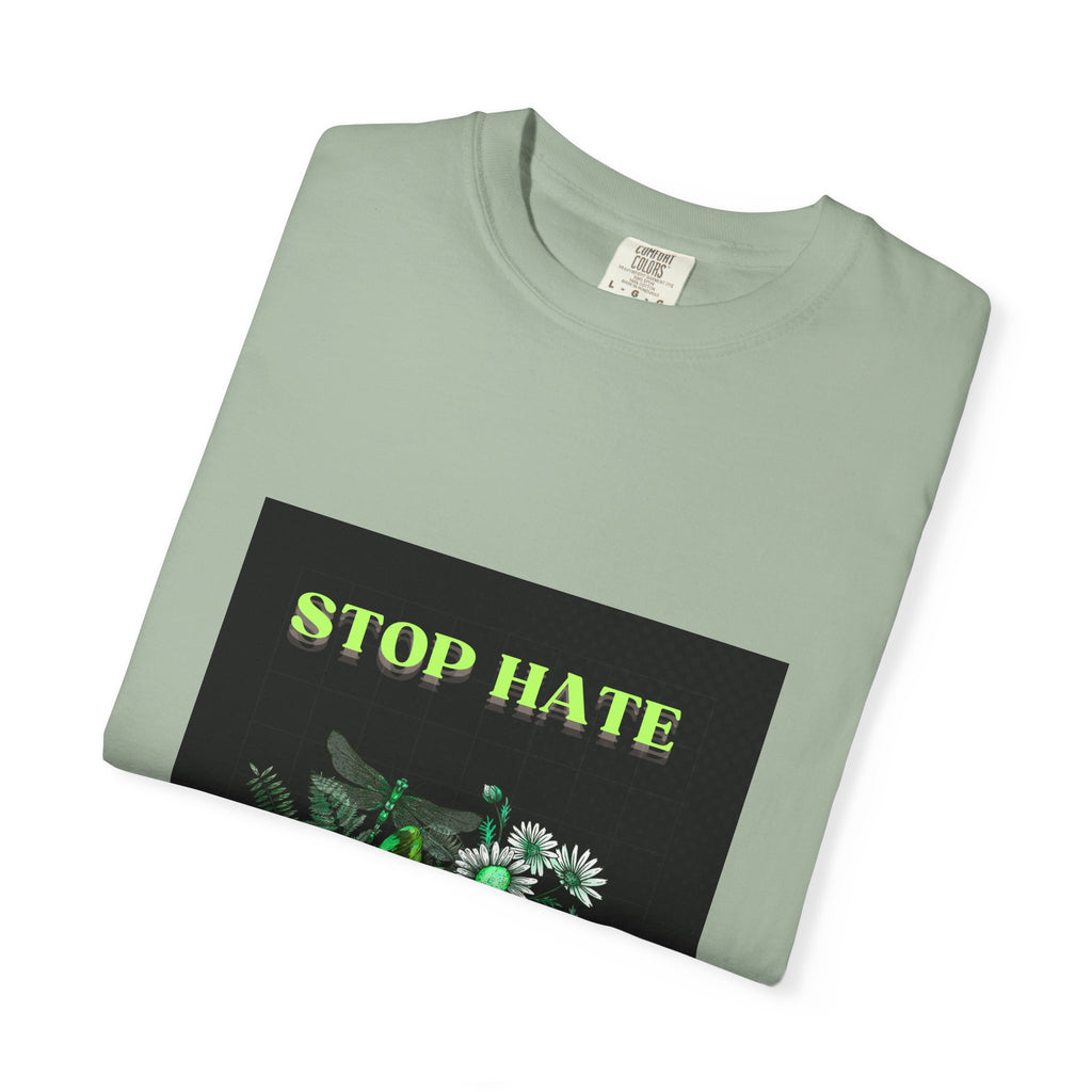 Stop Hate Skull T-Shirt — Green Floral Skull Graphic Tee