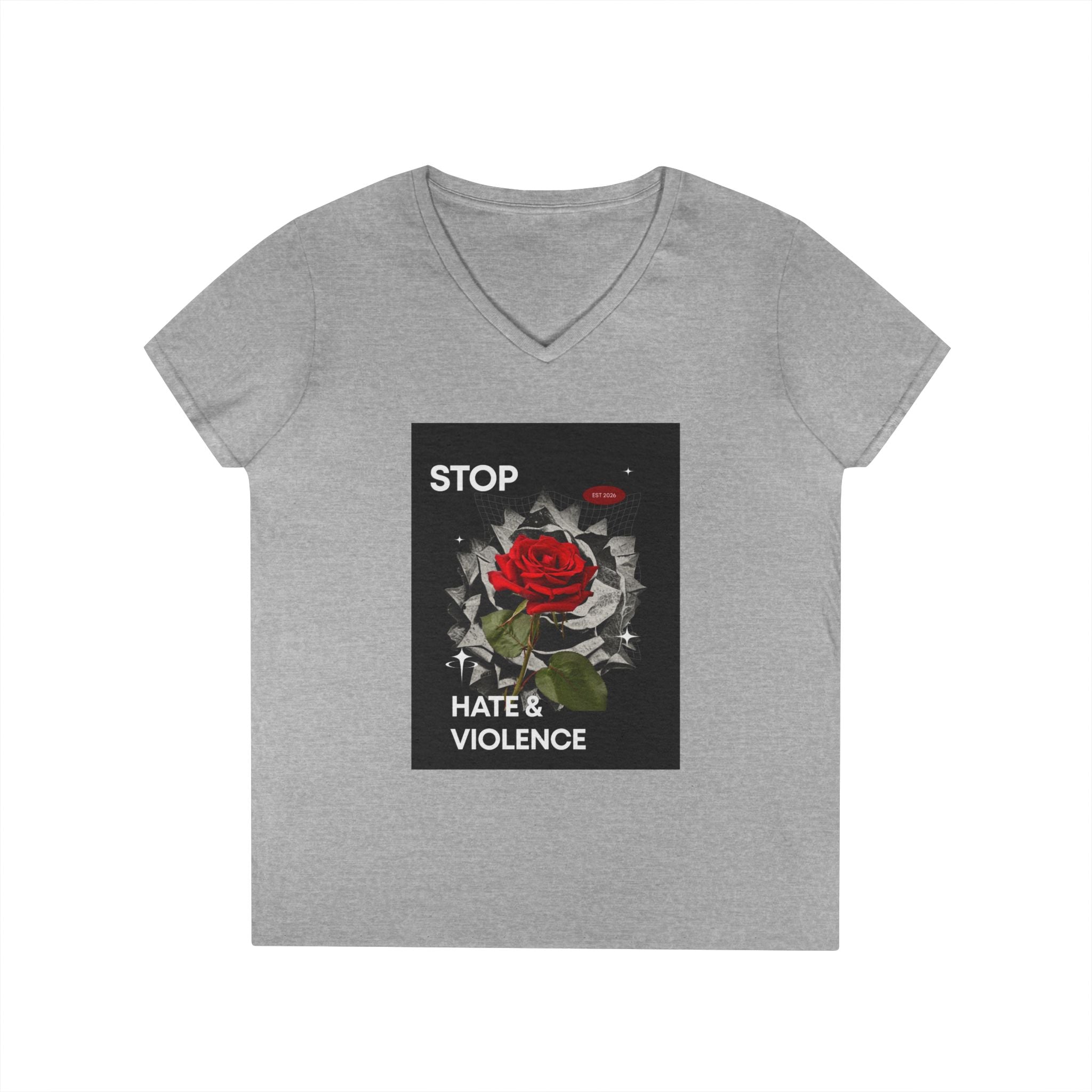 Stop Hate & Violence Women's V-Neck T-Shirt — Red Rose Peace Graphic Tee
