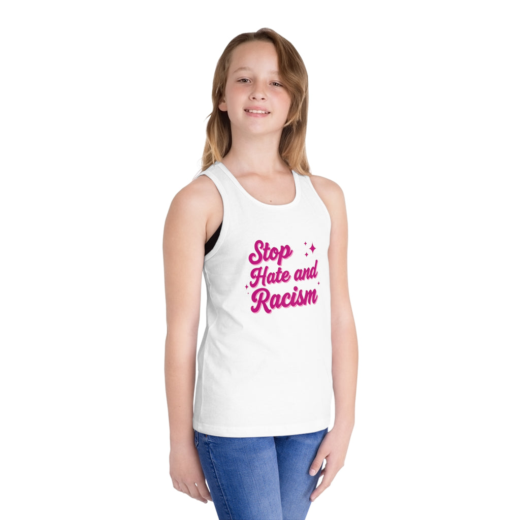 Kids Tank Top — "Stop Hate and Racism" Pink Script Kids Jersey Tank