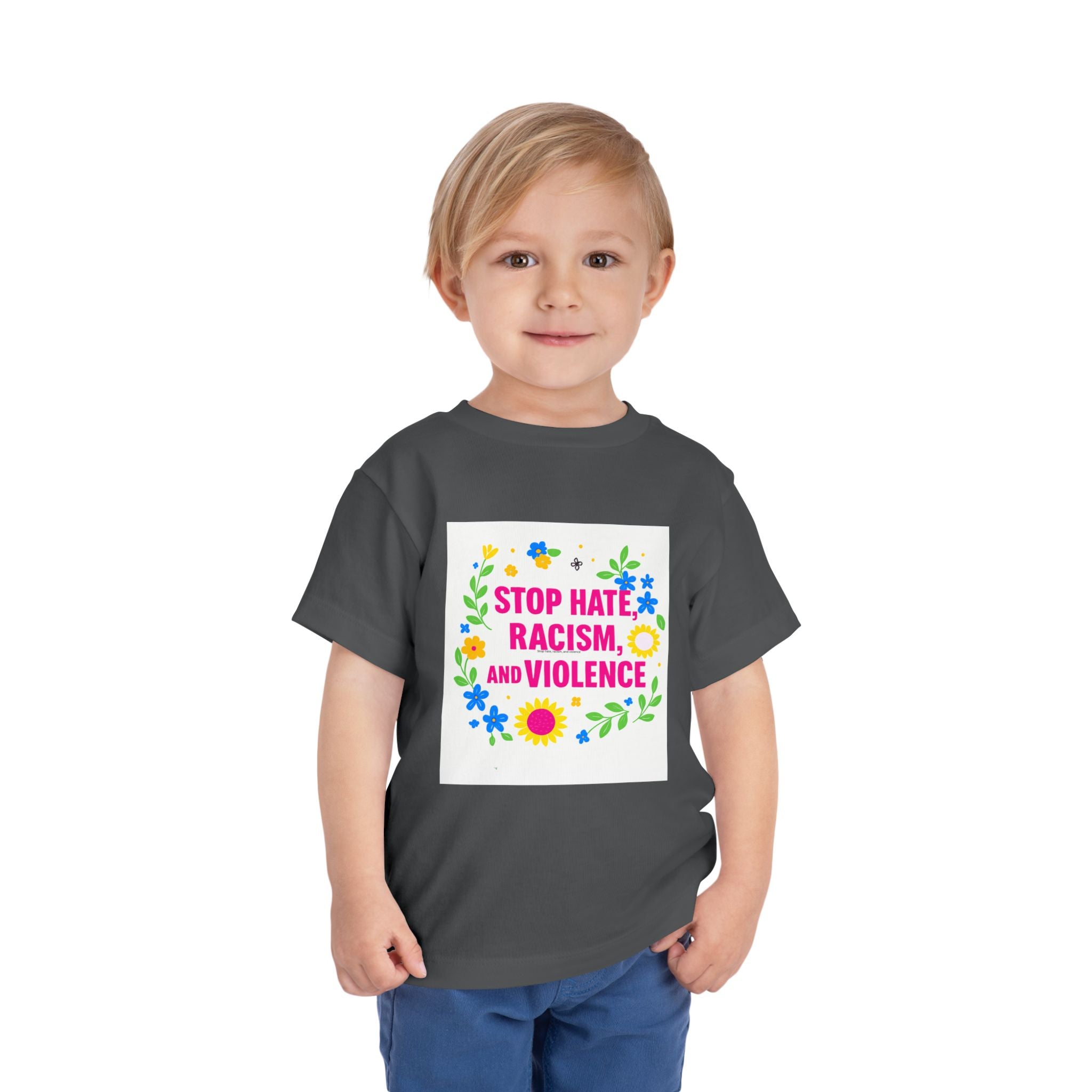 Toddler Tee — "Stop Hate, Racism, and Violence" Floral Anti-Racism Kids Shirt