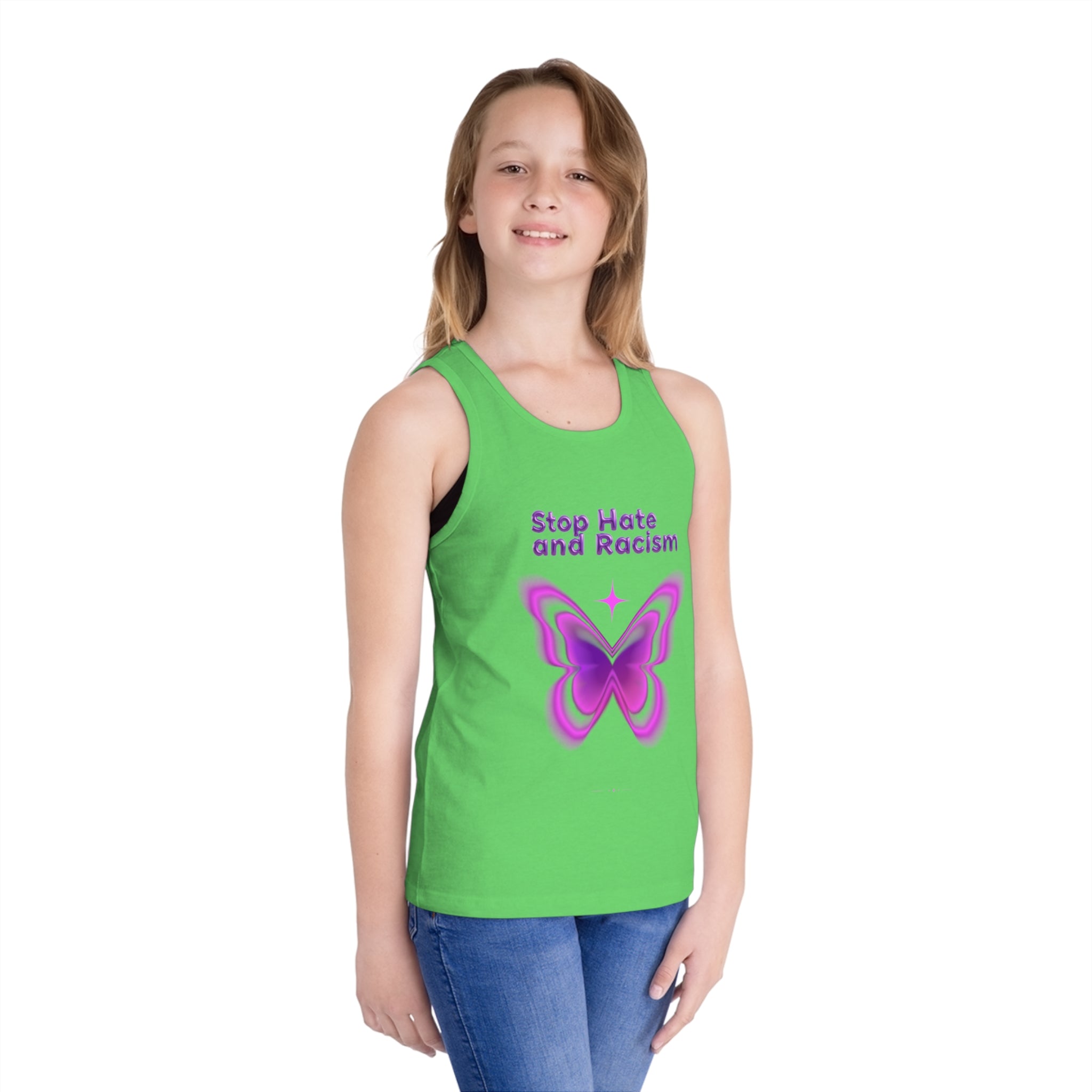 Kids Tank Top — "Stop Hate and Racism" Purple Butterfly Anti-Racism Tee