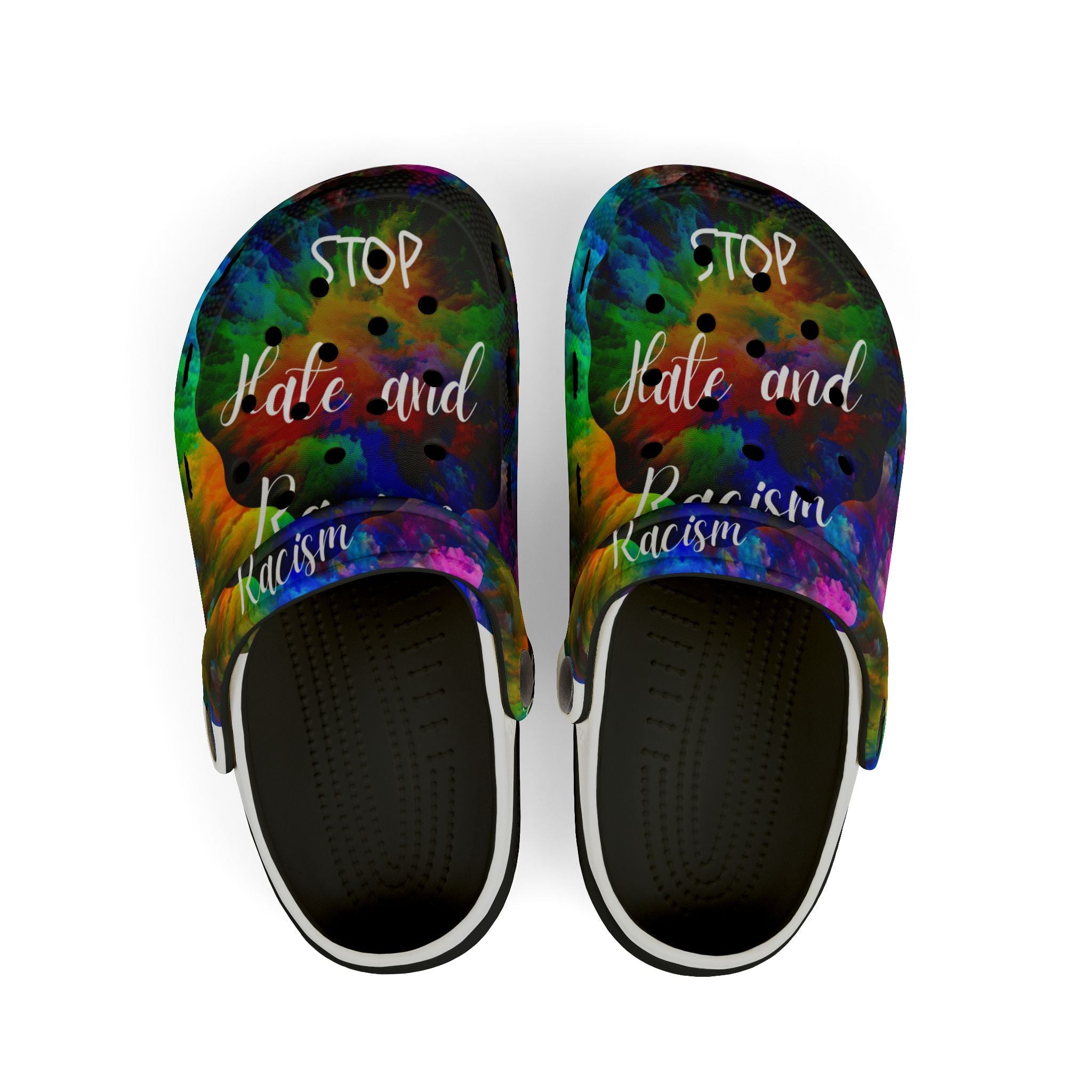 Kids Foam Clogs — "Stop Hate and Racism" Colorful Tie-Dye Anti-Racism Slip-Ons