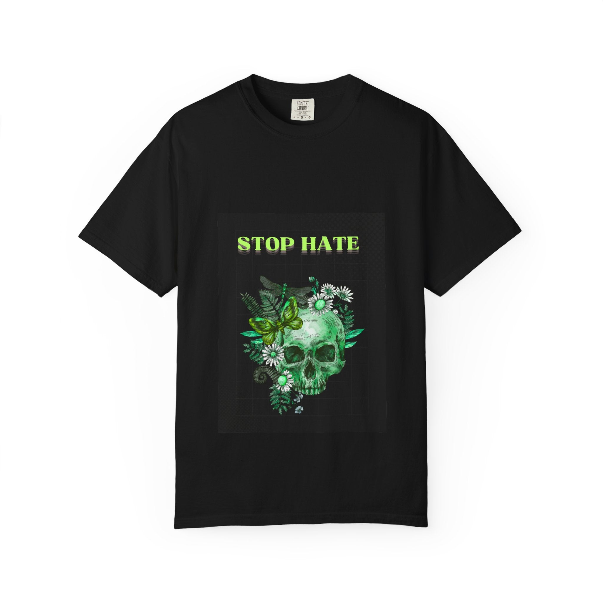Stop Hate Skull T-Shirt — Green Floral Skull Graphic Tee
