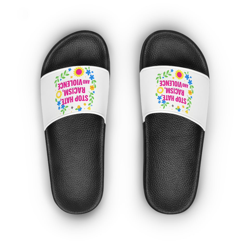 Slide Sandals — "Stop Hate, Racism, and Violence" Floral Anti-Racism Pool Slides