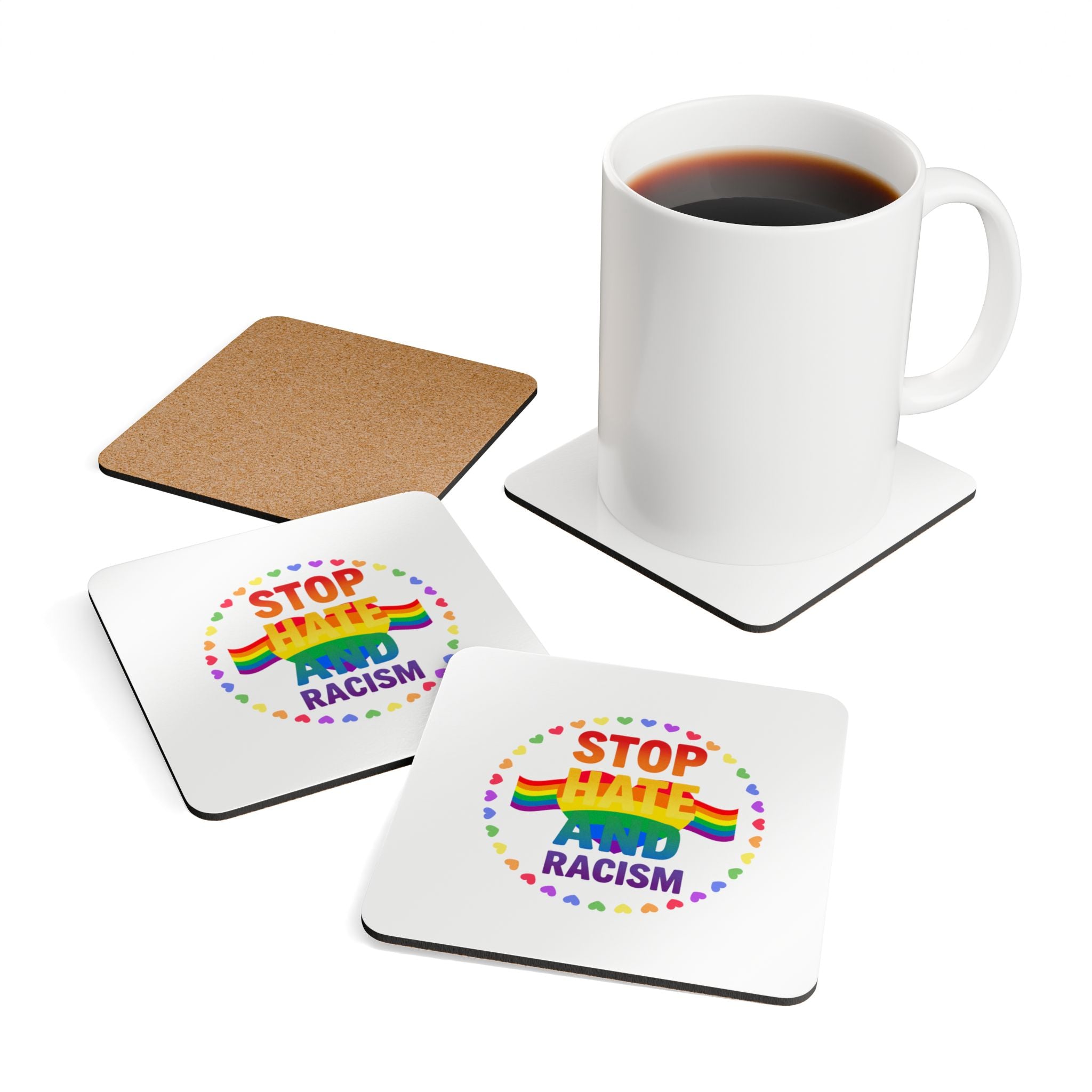 Stop Hate and Racism Cork Coaster Set — Rainbow Pride Drink Coasters (Corkwood)