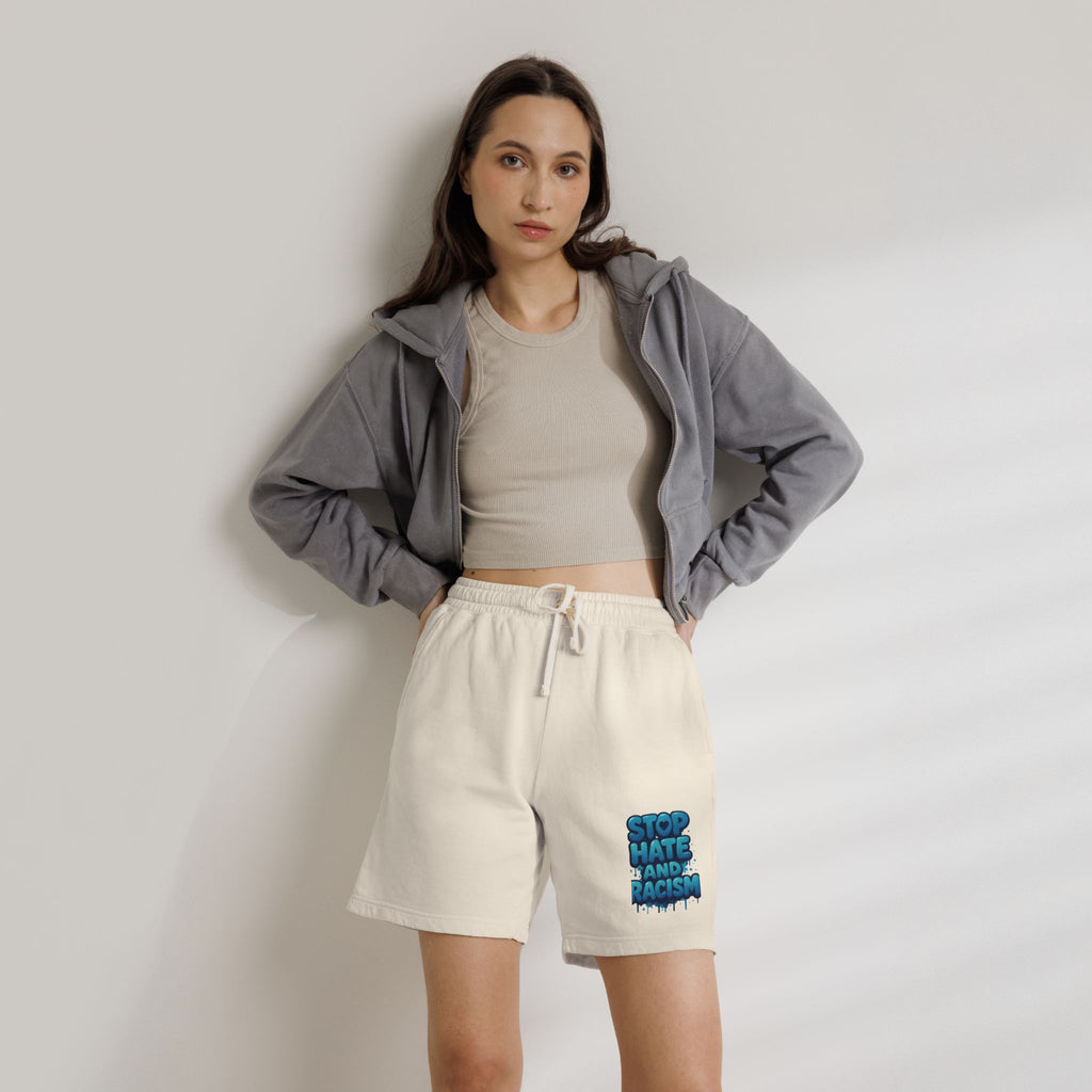 Stop Hate and Racism Fleece Sweat Shorts — Garment-Dyed Lightweight Lounge Shorts