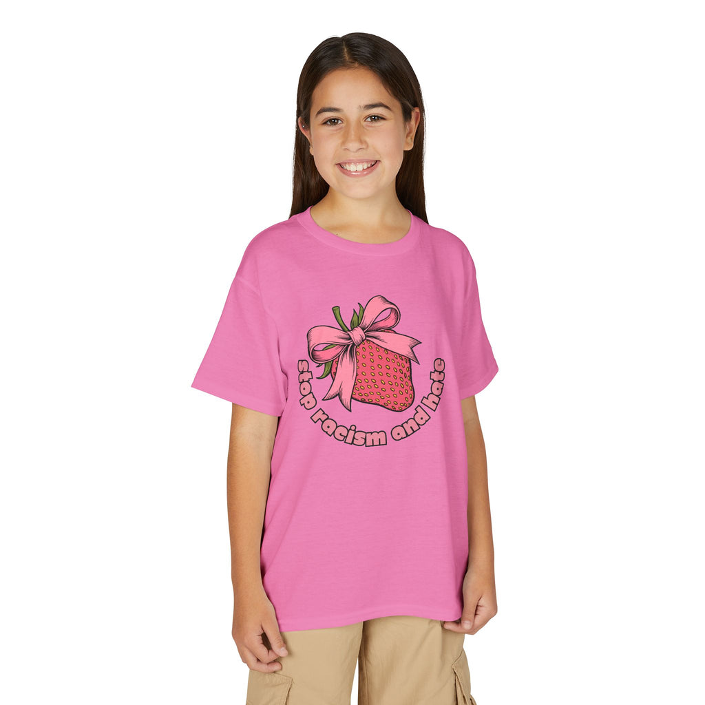 Youth T-Shirt — Cute Pink Gift Box Graphic with "Stop, Realism and Races" Slogan