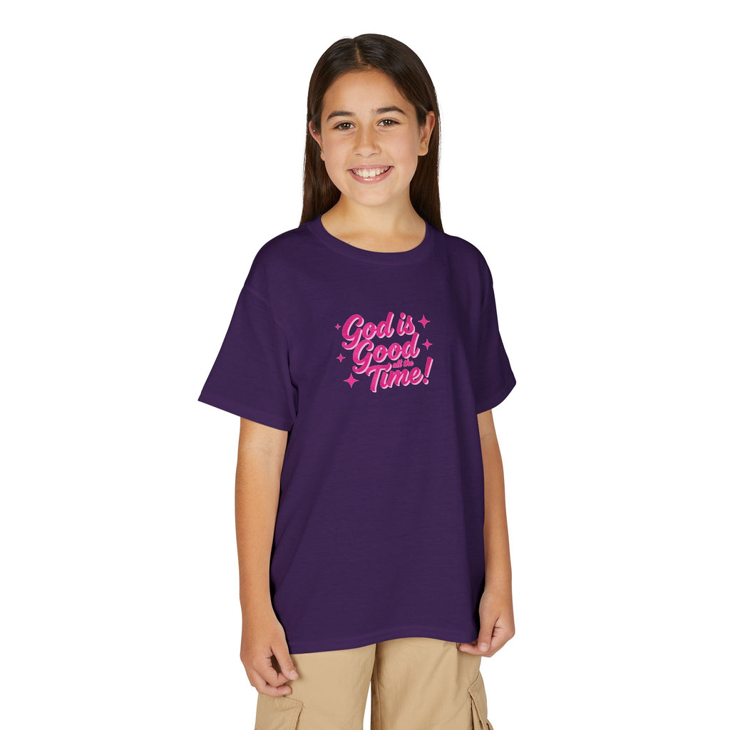Youth T-Shirt — "God Is Good Time!" Pink Script Faith Tee