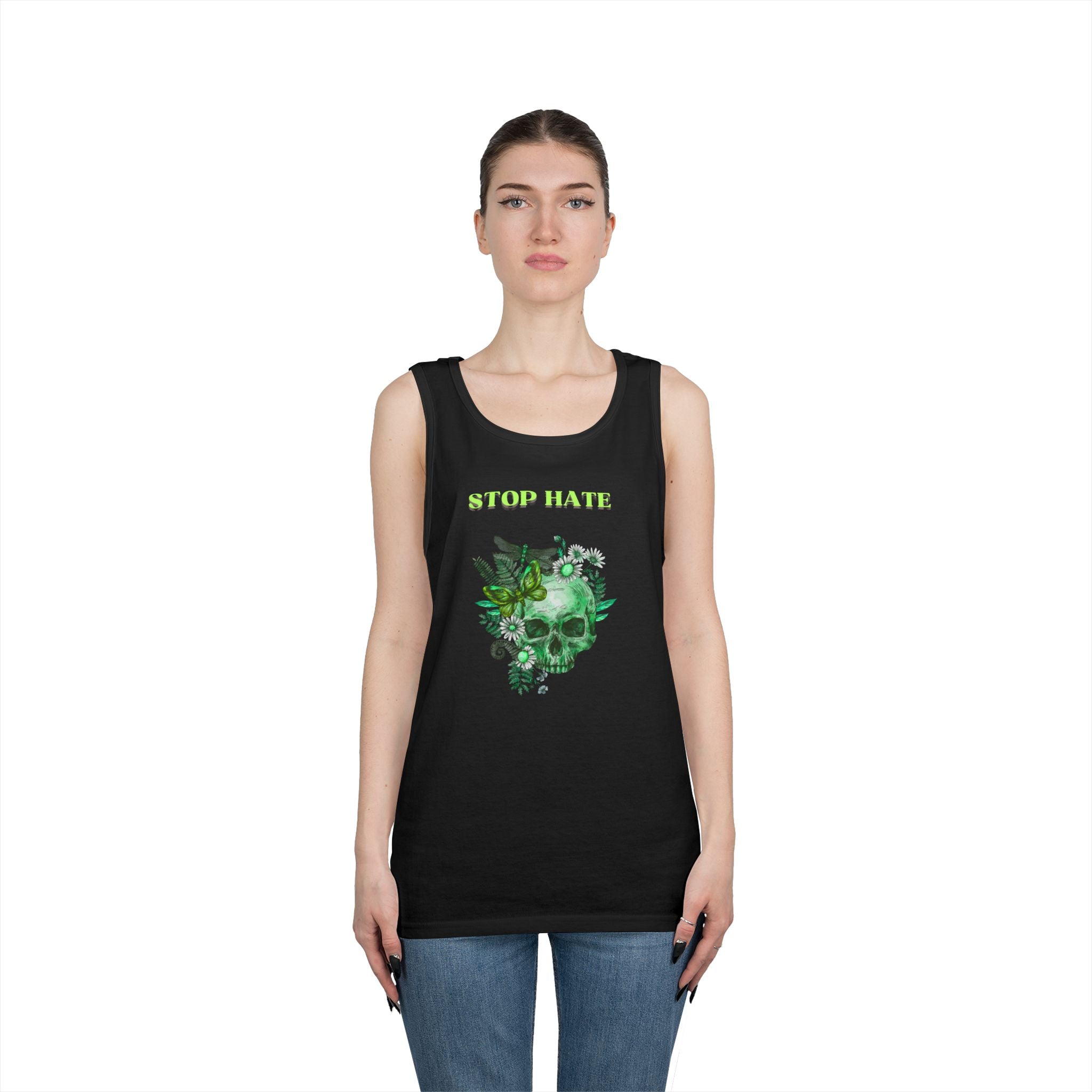 Stop Hate Skull Tank — Green Floral Skull Tank Top