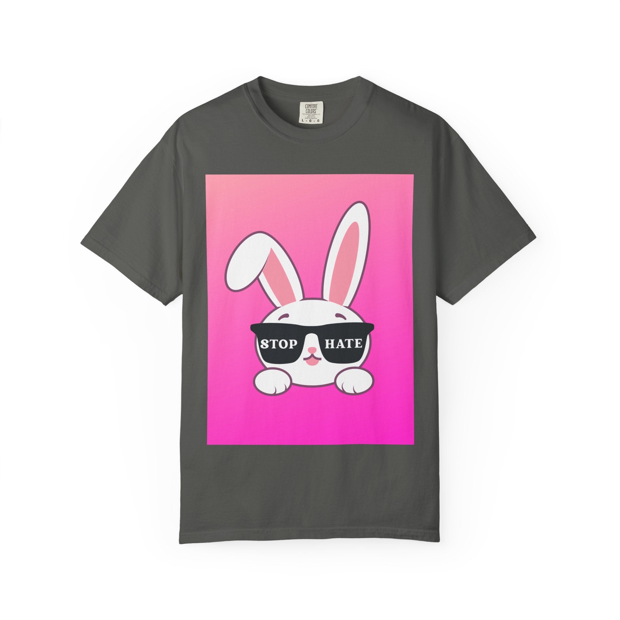 Stop Hate Bunny T‑Shirt — Pink Gradient Anti‑Hate Tee