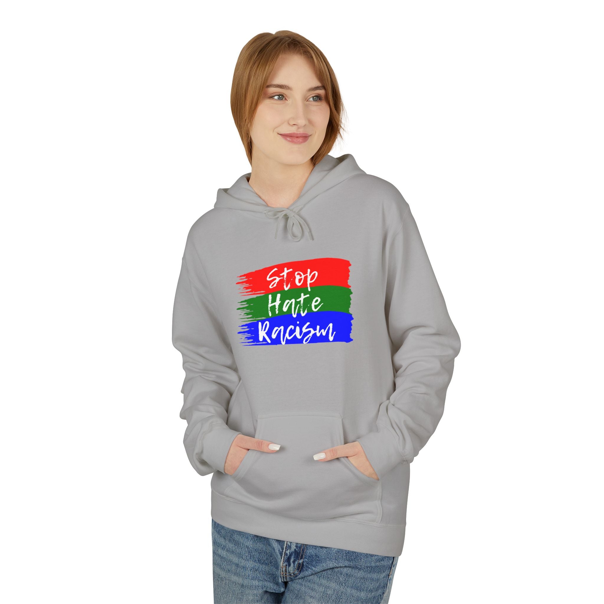 Hoodie — Stop Hate Rebuild (Red-Green-Blue Brushstroke)