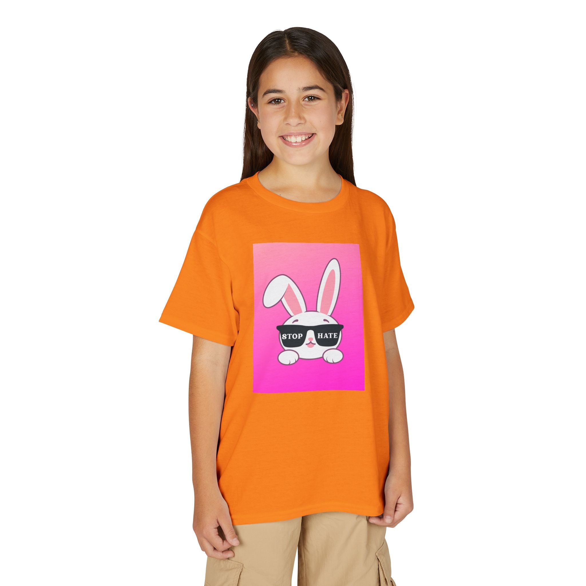 Youth T-Shirt — Pink Bunny "Stop Hate" Graphic