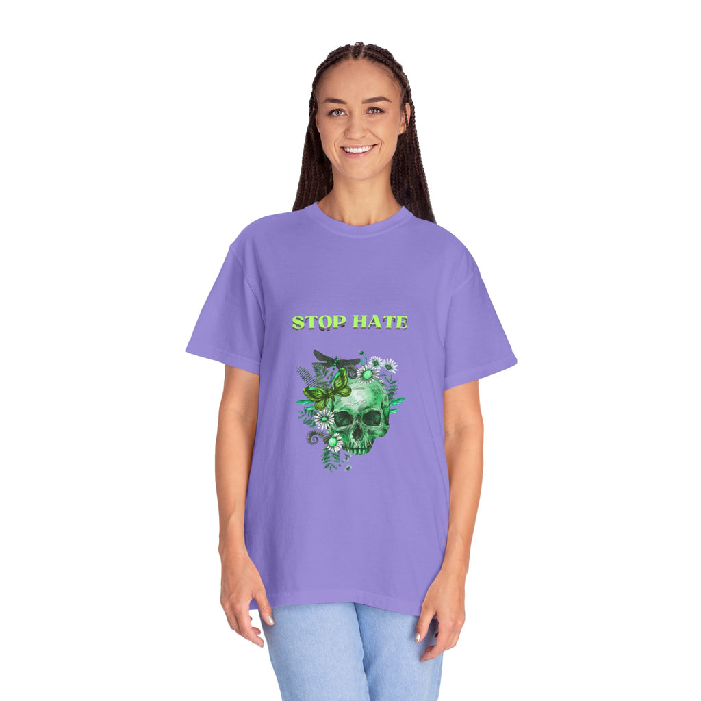Stop Hate Skull T-Shirt — Green Floral Skull Graphic Tee