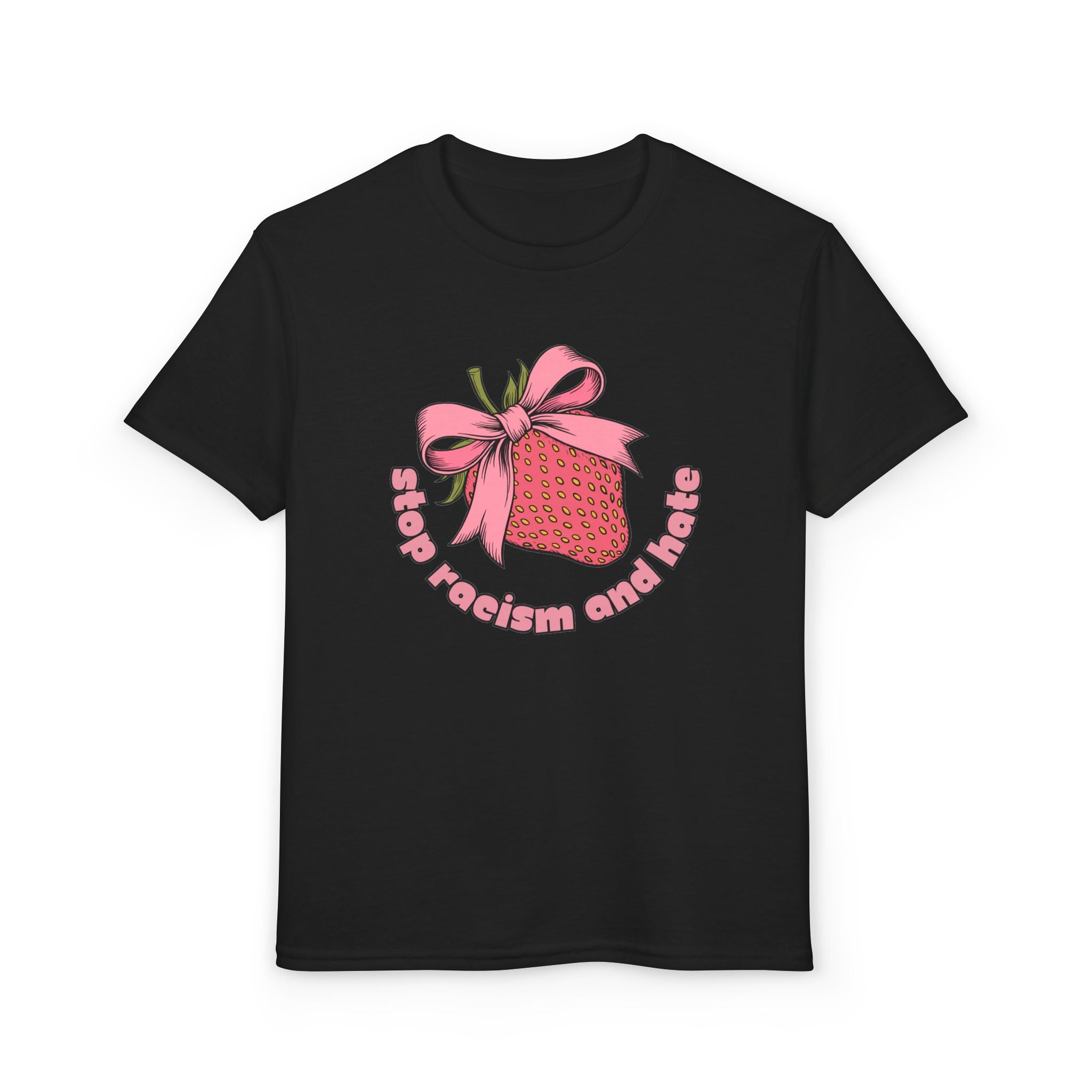 Youth T-Shirt — Cute Pink Gift Box Graphic with "Stop, Realism and Races" Slogan