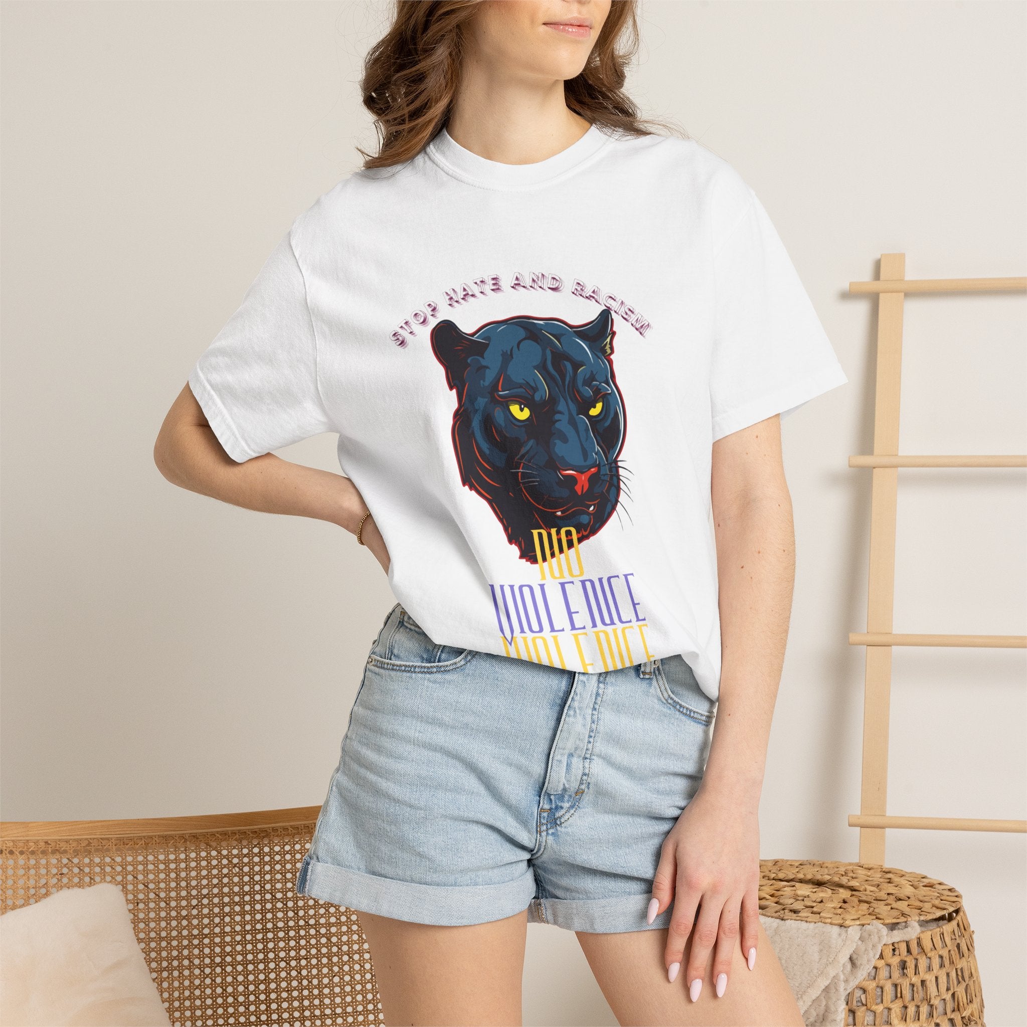 No Violence Panther T-Shirt — Graphic Animal Tee with 'No Violence' Text