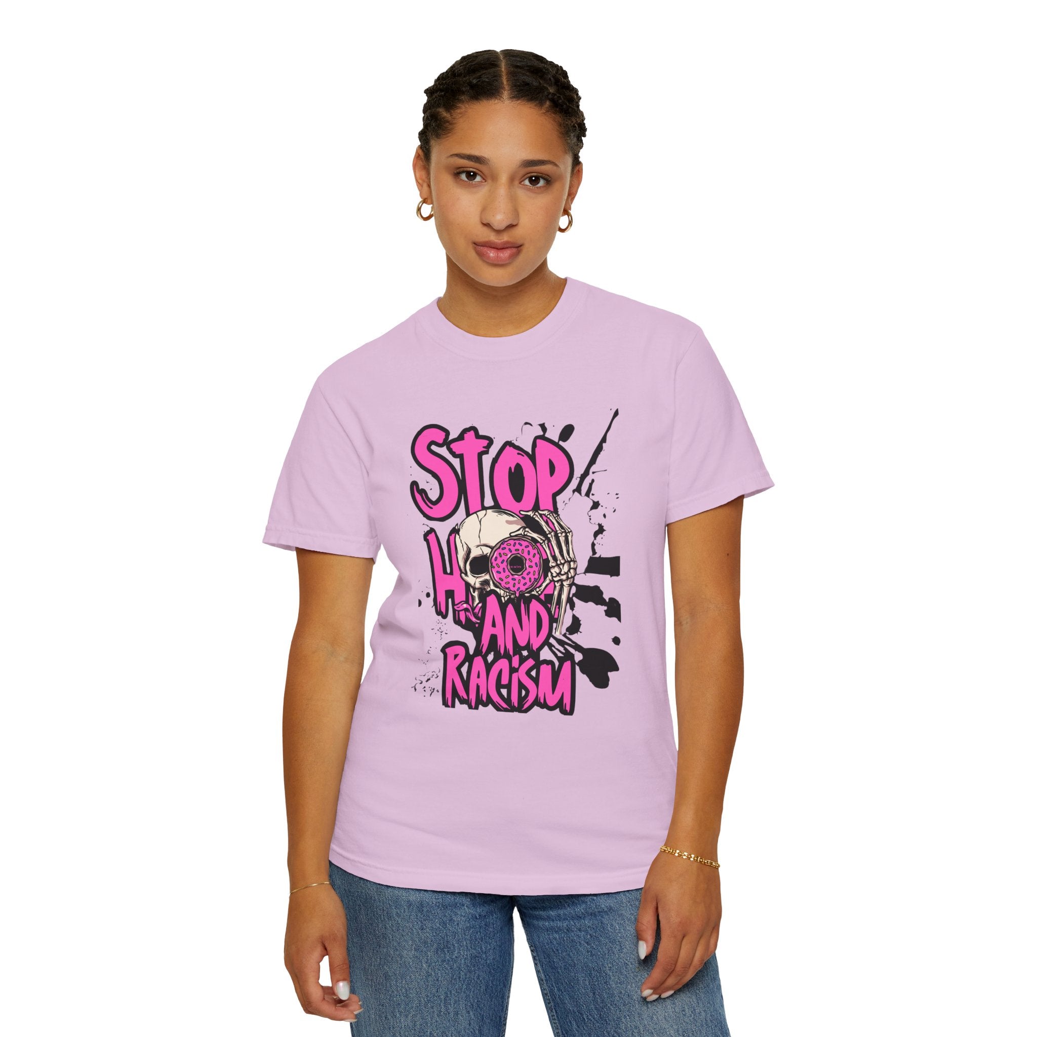 Stop H8 and Racism Graphic Tee — Anti-Racism Skull Donut Protest T-Shirt