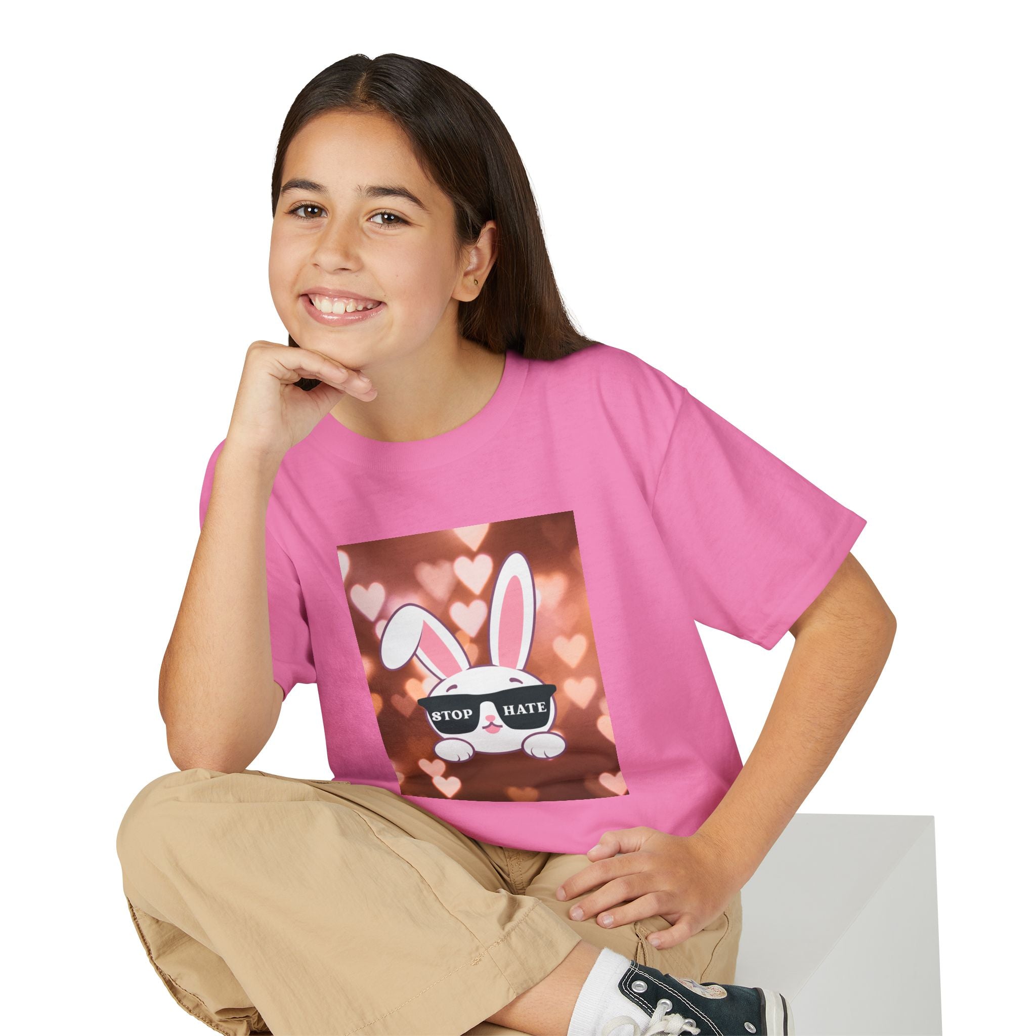 Youth T-Shirt — Cute Bunny with 'Stop the Hate' Sunglasses | Kids Anti-Bullying Tee