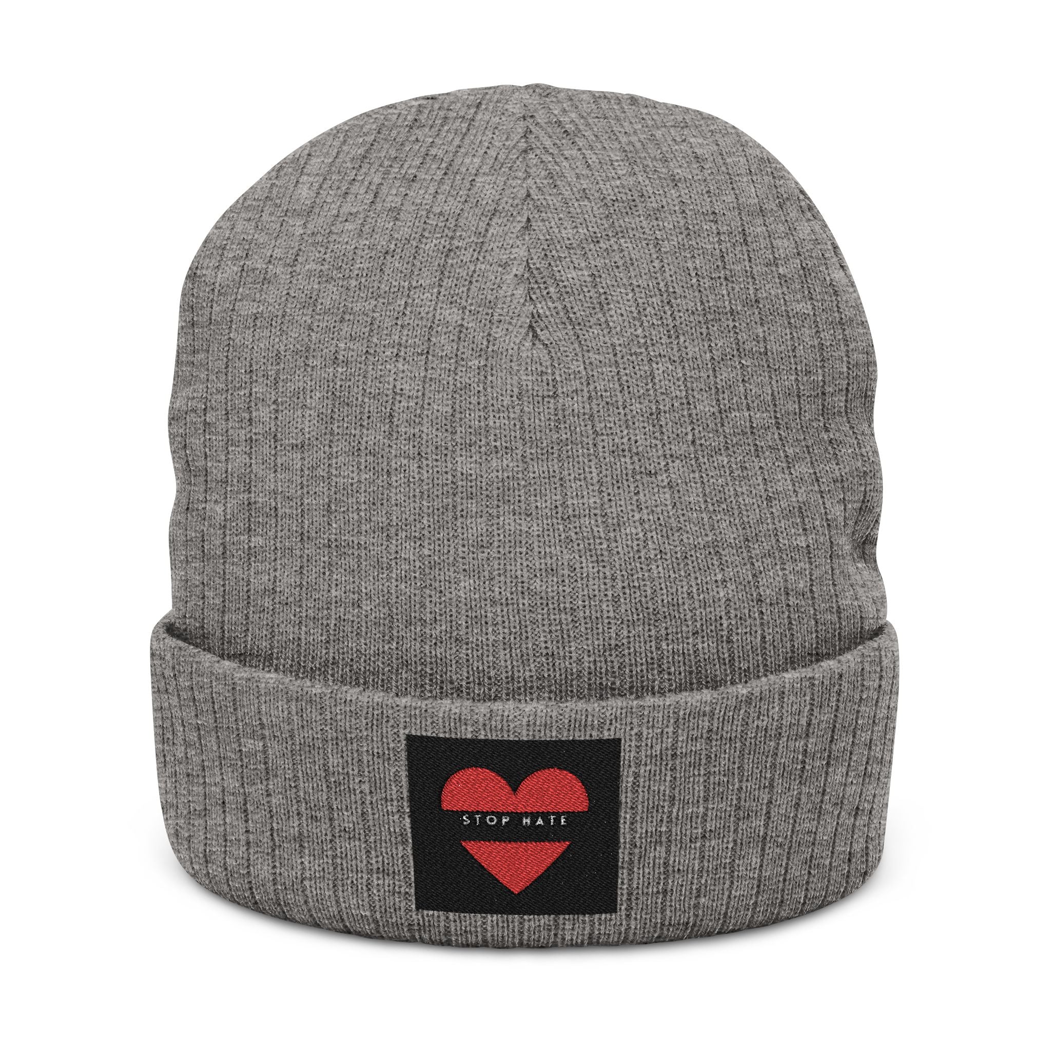 Embroidered Heart Patch Ribbed Knit Beanie — "Stay Nice"