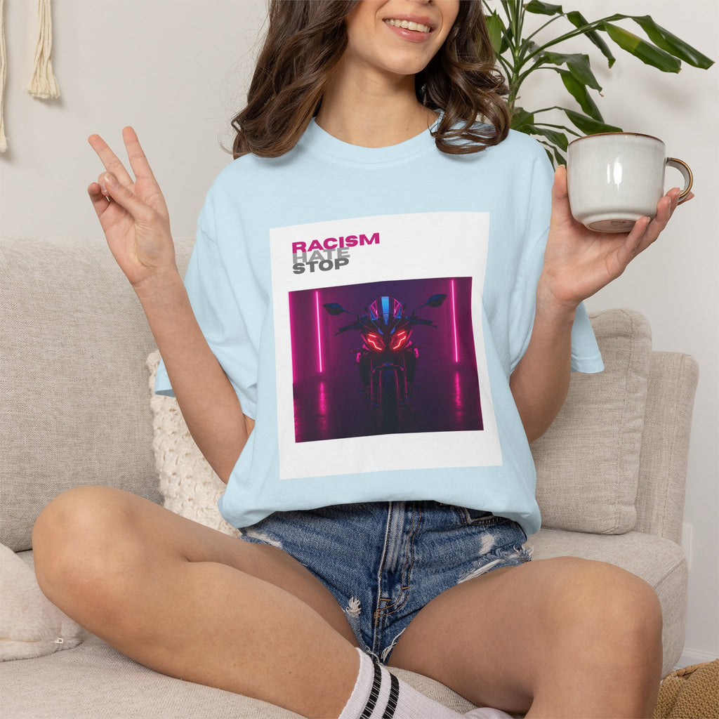 Anti-Racism Graphic T-Shirt — “Racism Stop” Neon Robot Design