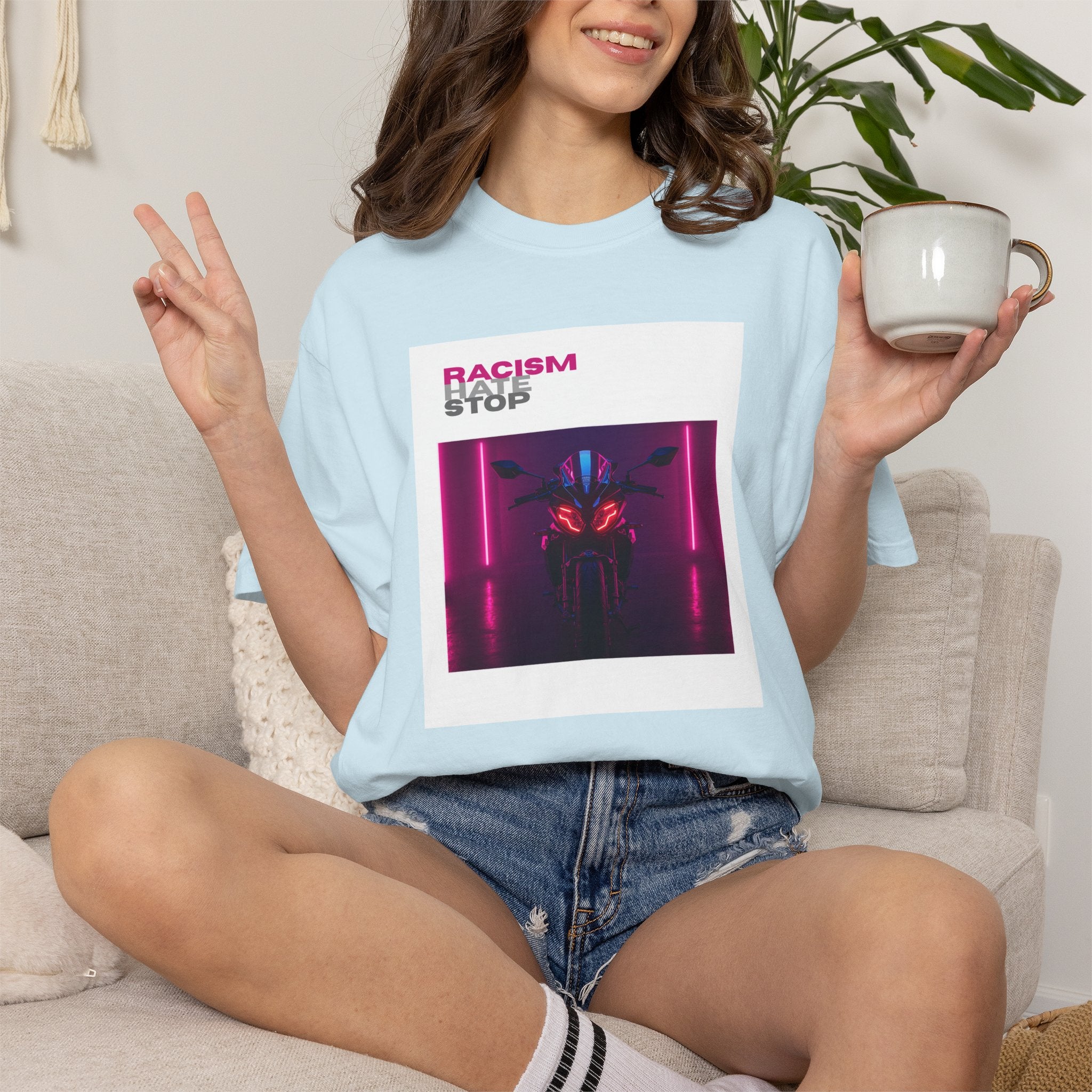 Anti-Racism Graphic T-Shirt — “Racism Stop” Neon Robot Design
