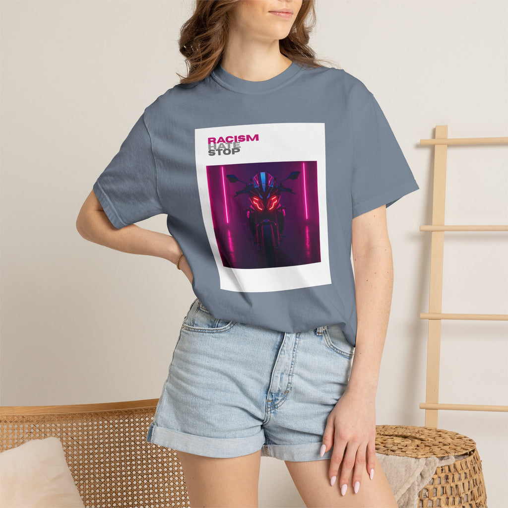 Anti-Racism Graphic T-Shirt — “Racism Stop” Neon Robot Design