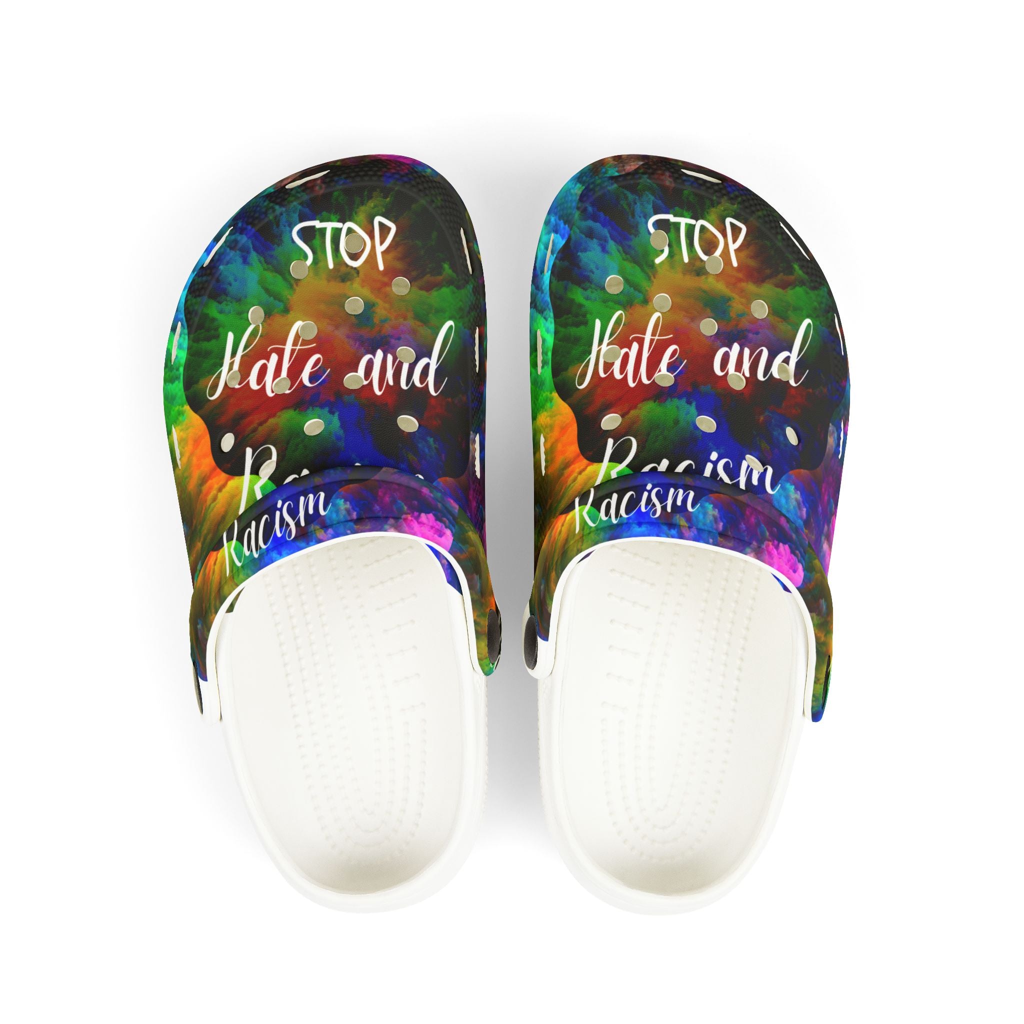 Kids Foam Clogs — "Stop Hate and Racism" Colorful Tie-Dye Anti-Racism Slip-Ons