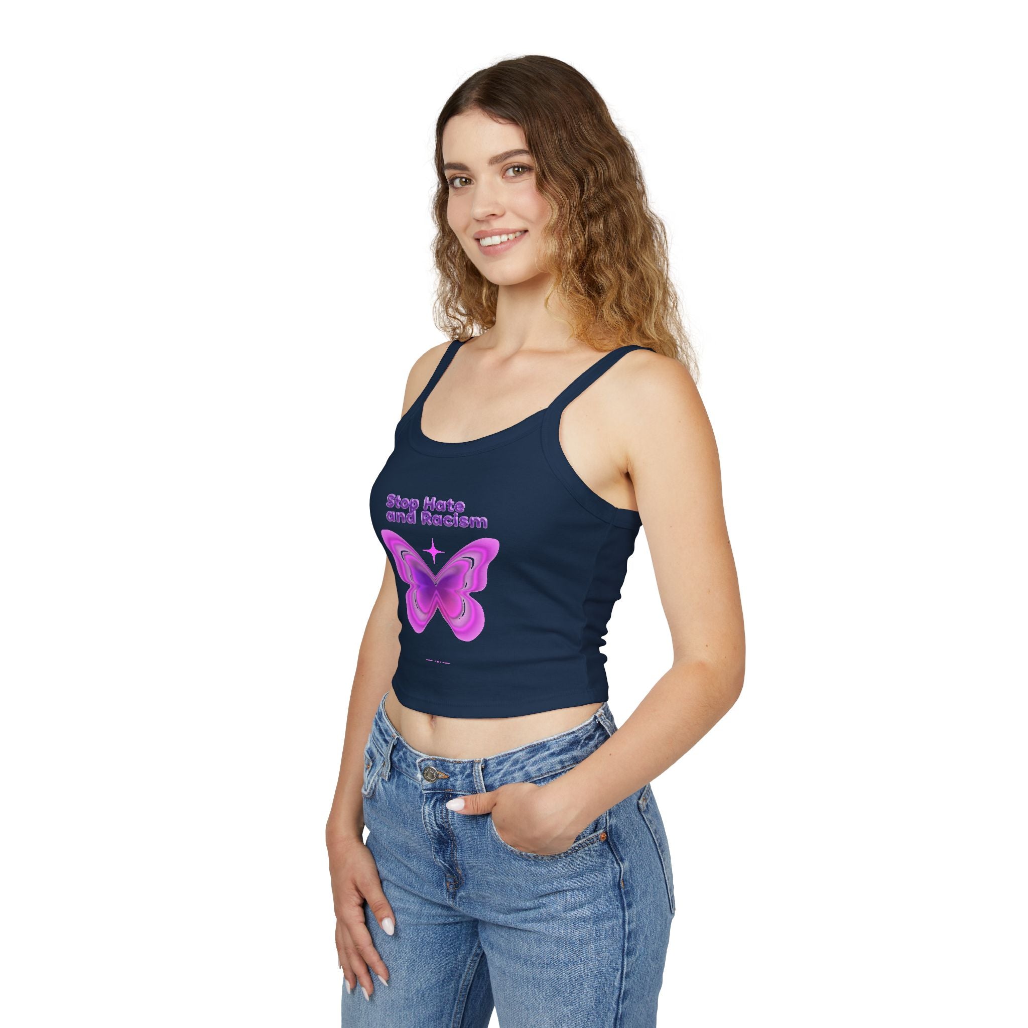 Stop Hate and Racism Butterfly Tank Top — Women's Pink Activist Crop