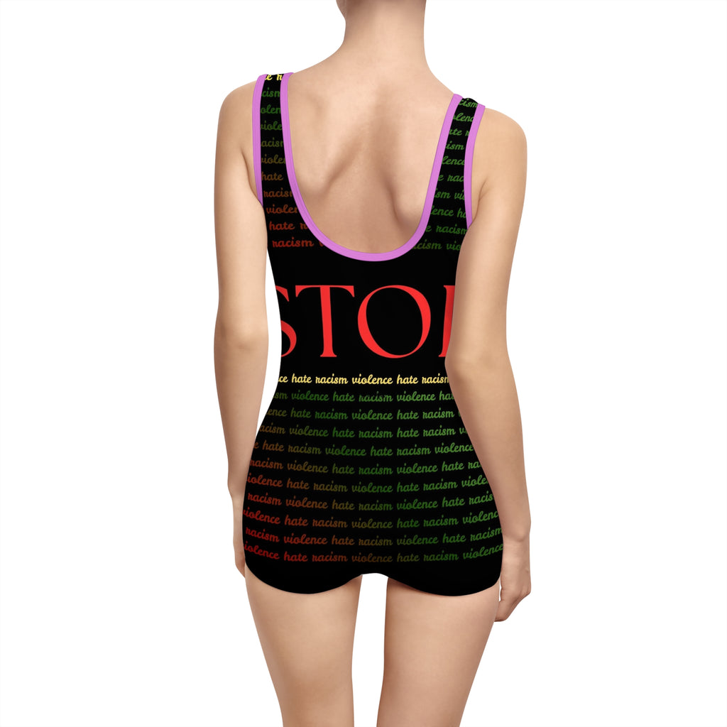 Vintage "Stop Racism" One-Piece Swimsuit — Retro Activist Bathing Suit