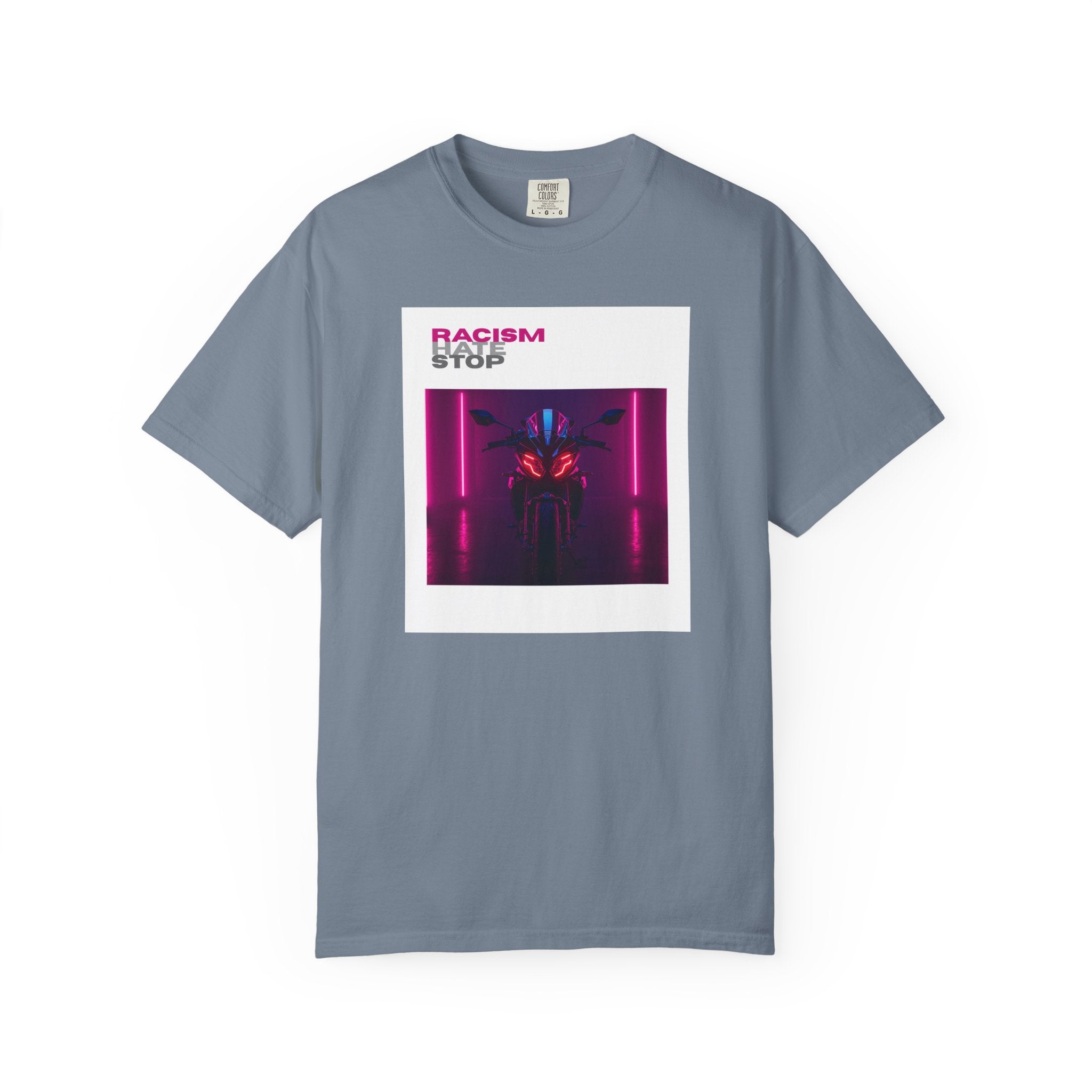 Anti-Racism Graphic T-Shirt — “Racism Stop” Neon Robot Design