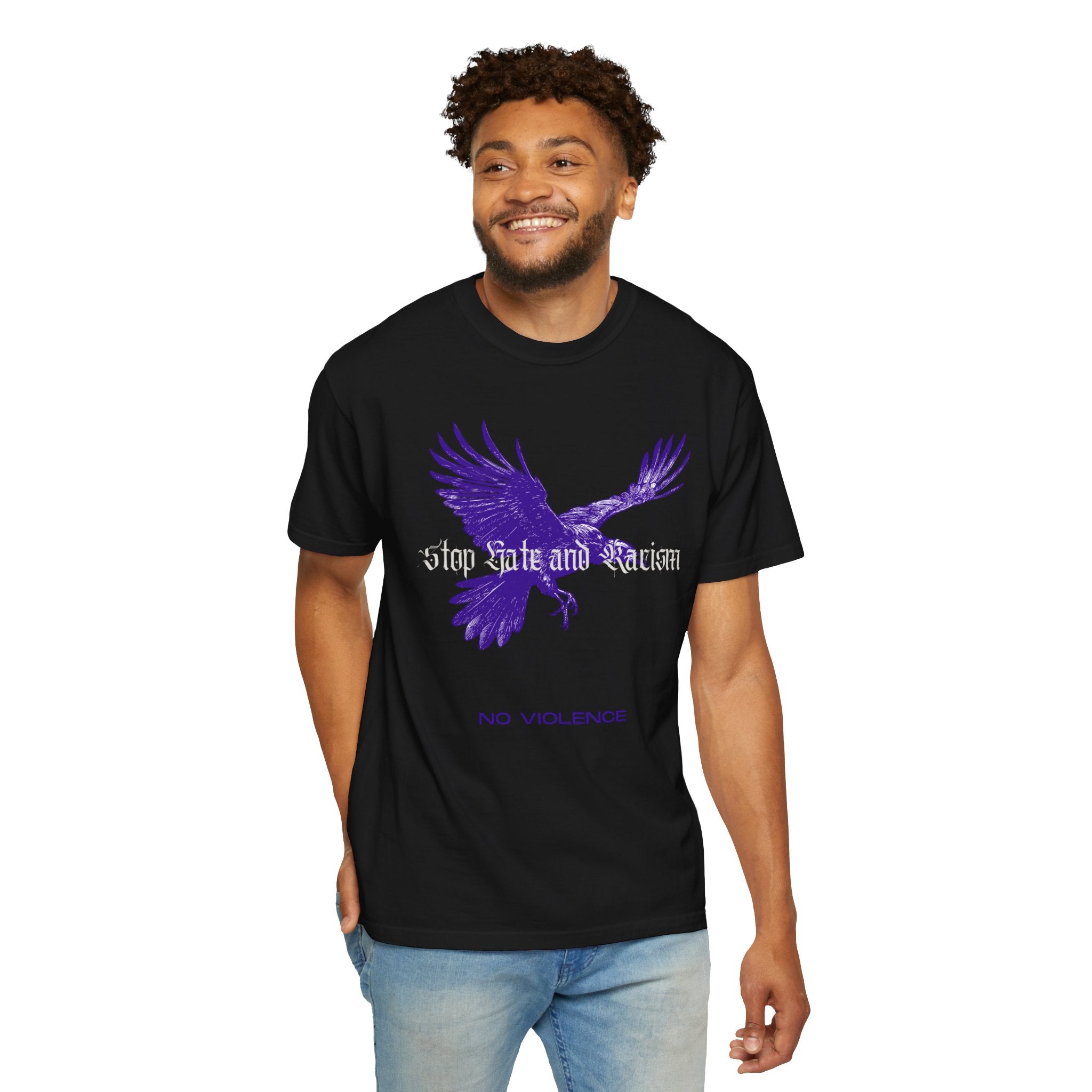 No Violence Raven T-Shirt — Purple Flying Crow Graphic Tee