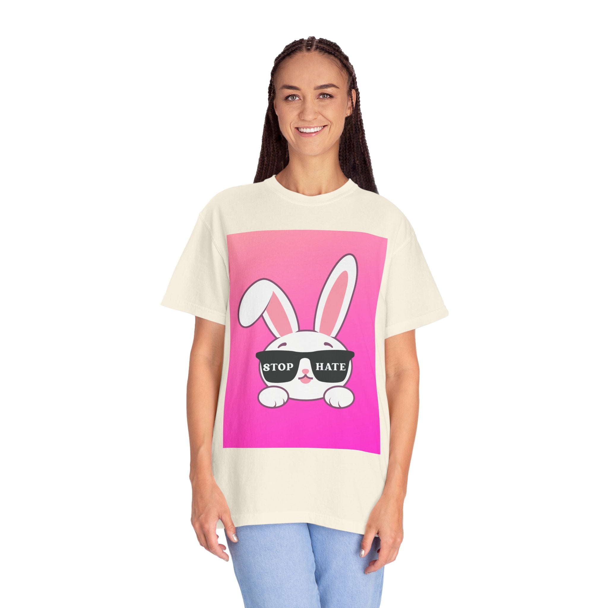 Stop Hate Bunny T‑Shirt — Pink Gradient Anti‑Hate Tee