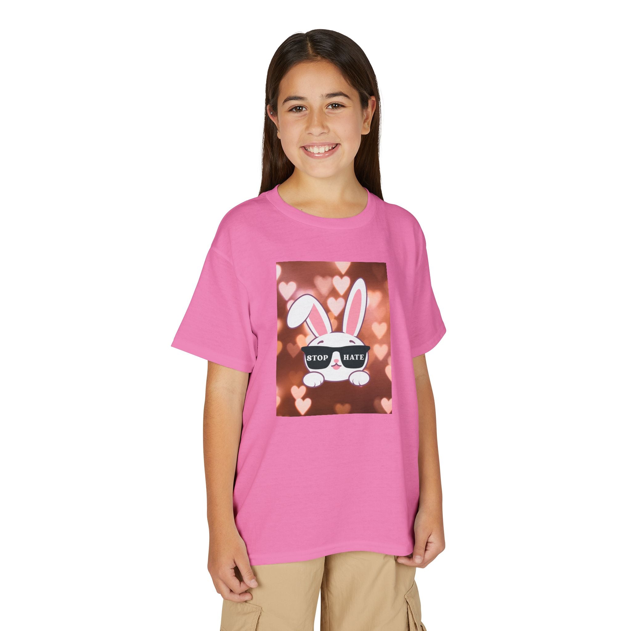 Youth T-Shirt — Cute Bunny with 'Stop the Hate' Sunglasses | Kids Anti-Bullying Tee